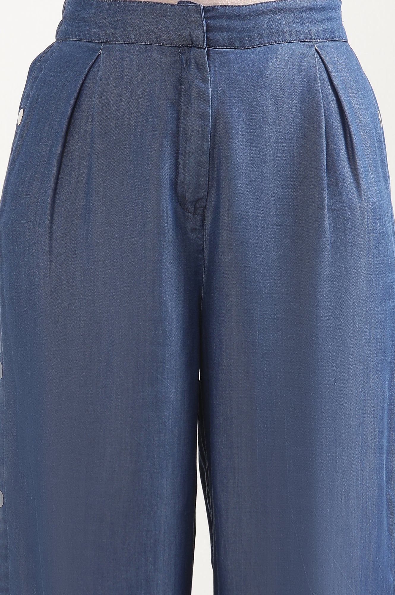 Elleven Women's Blue Solid Wide Leg Denim Palazzo With Side Buttons - Image 6