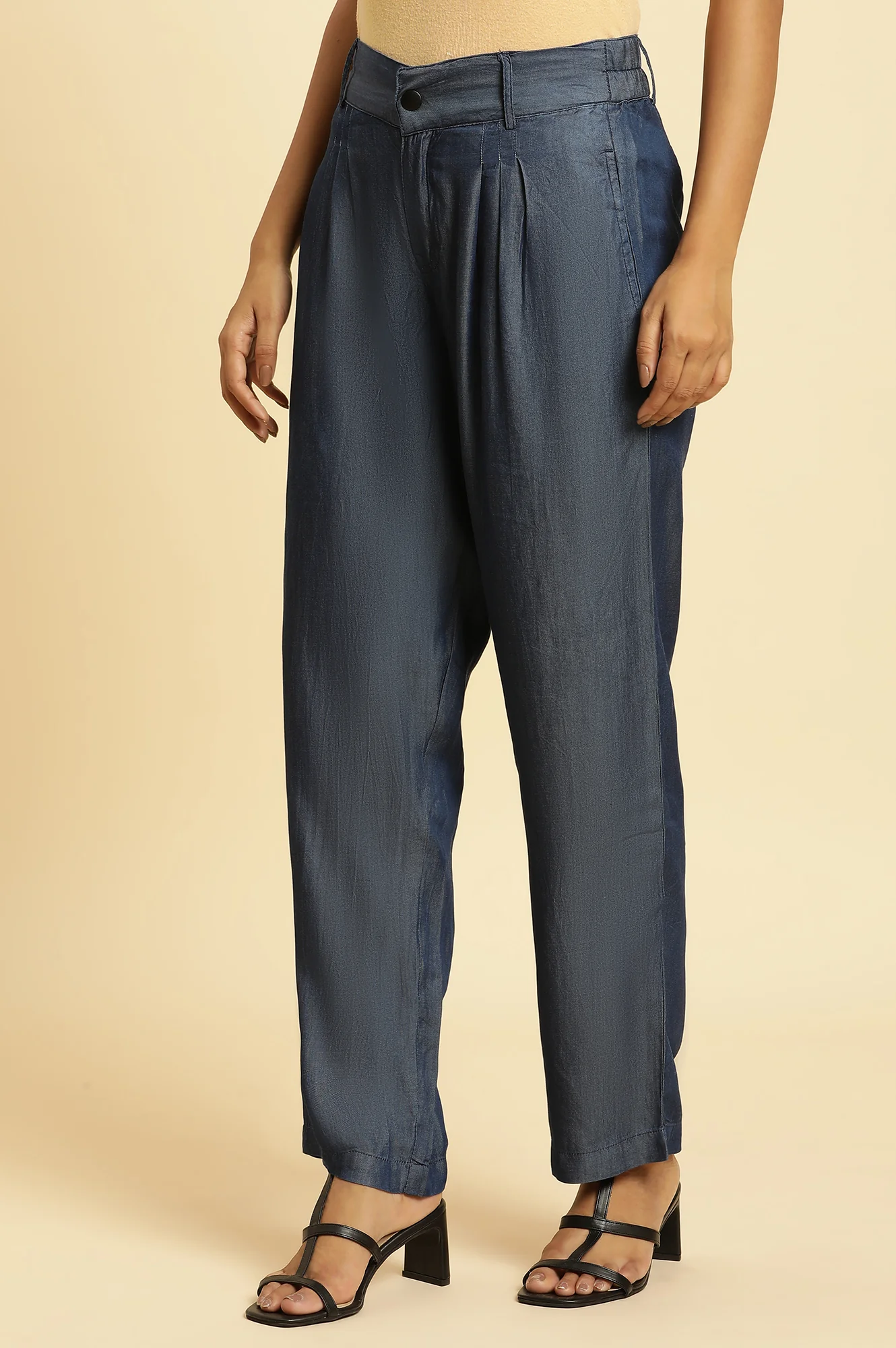 Elleven Women's Blue Solid Straight Fit Denim Pants With Pleated Detail - Image 2