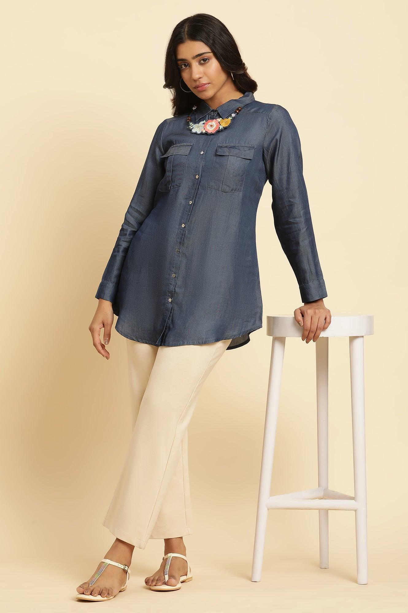 Blue Denim Western Shirt With Embroidered Neck Piece - Image 5