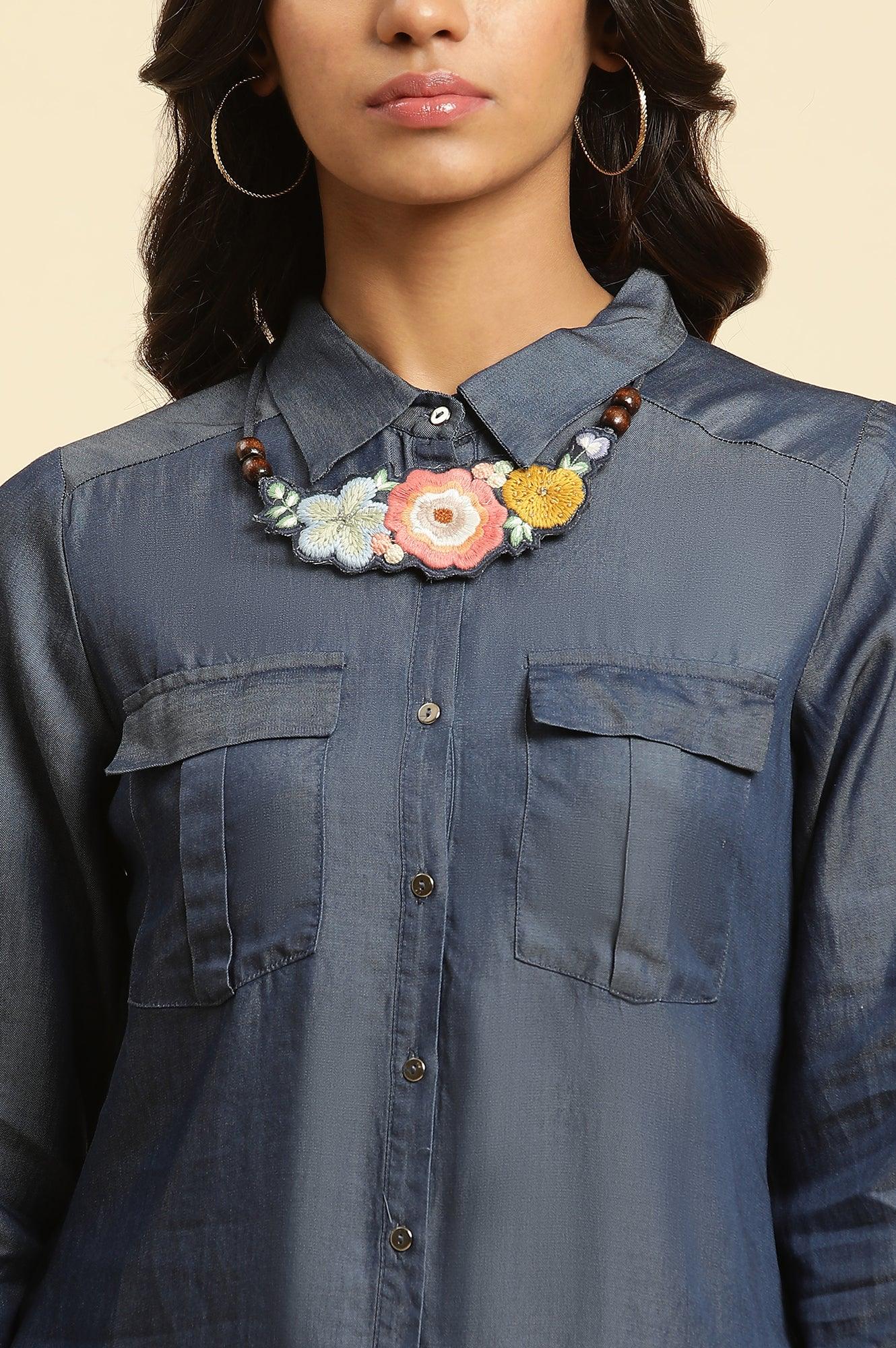 Blue Denim Western Shirt With Embroidered Neck Piece - Image 6