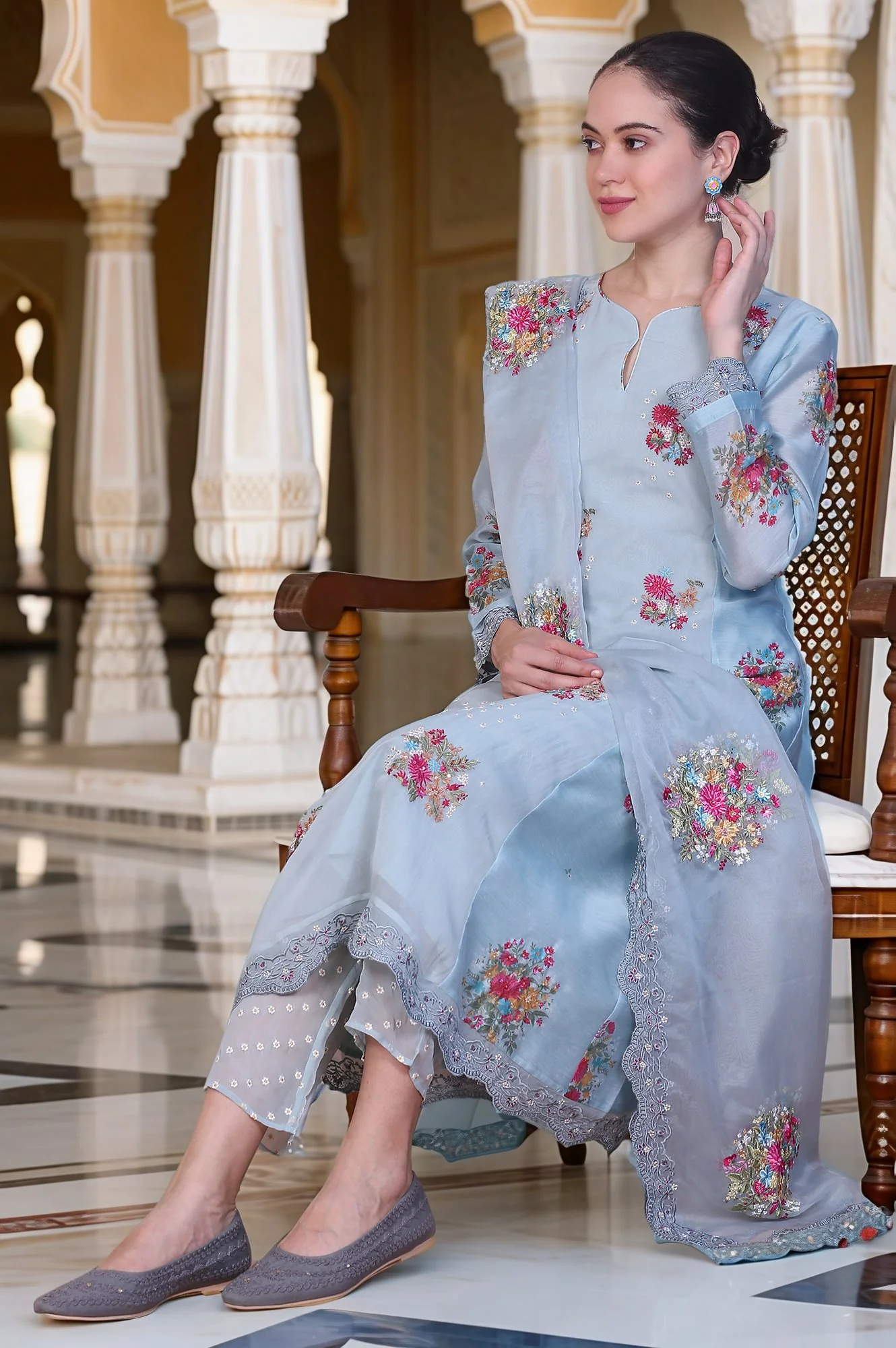 Blue Dori Embroidery Flared Organza Kurta, Pants and Dupatta Set - Image 2