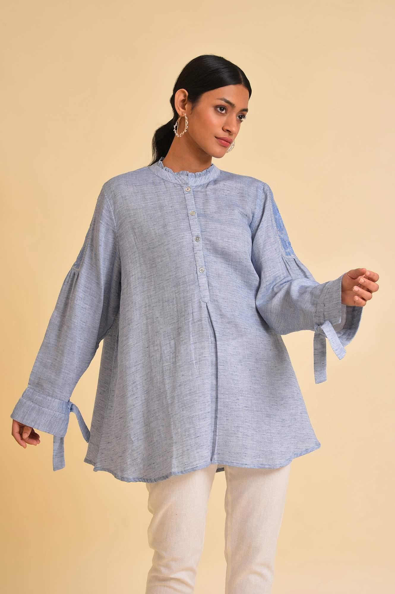 Blue Double Cloth Embroidered Top