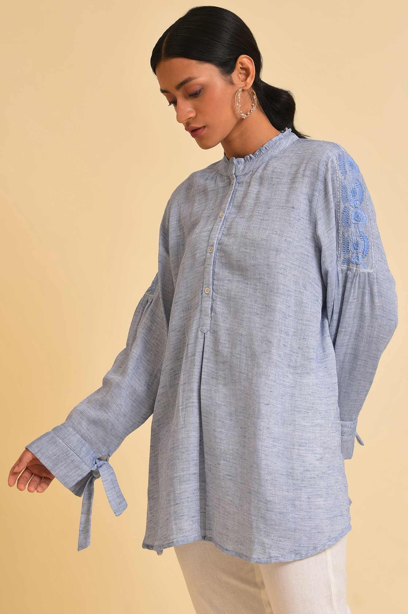Blue Double Cloth Embroidered Top - Image 3