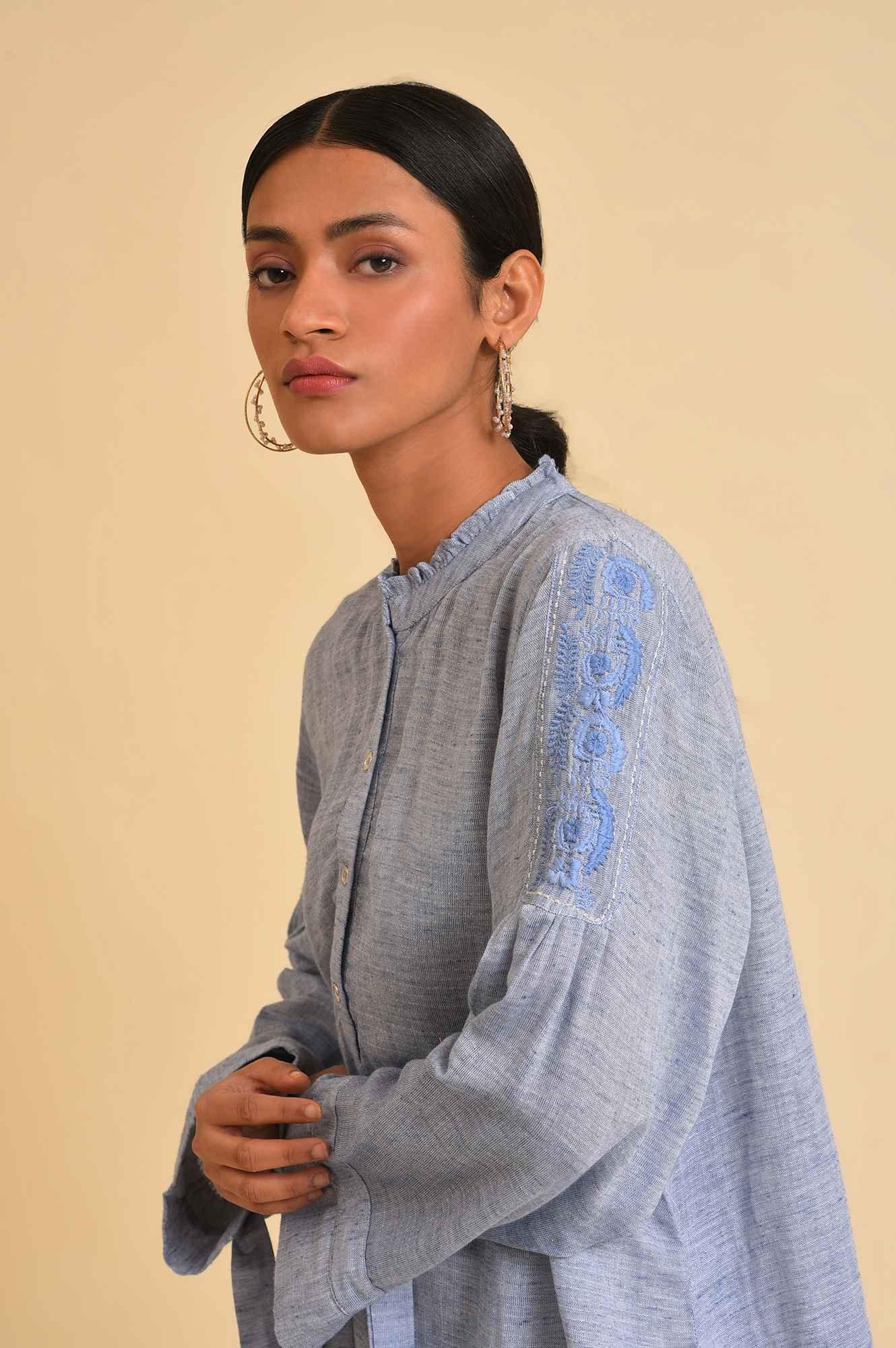Blue Double Cloth Embroidered Top - Image 5