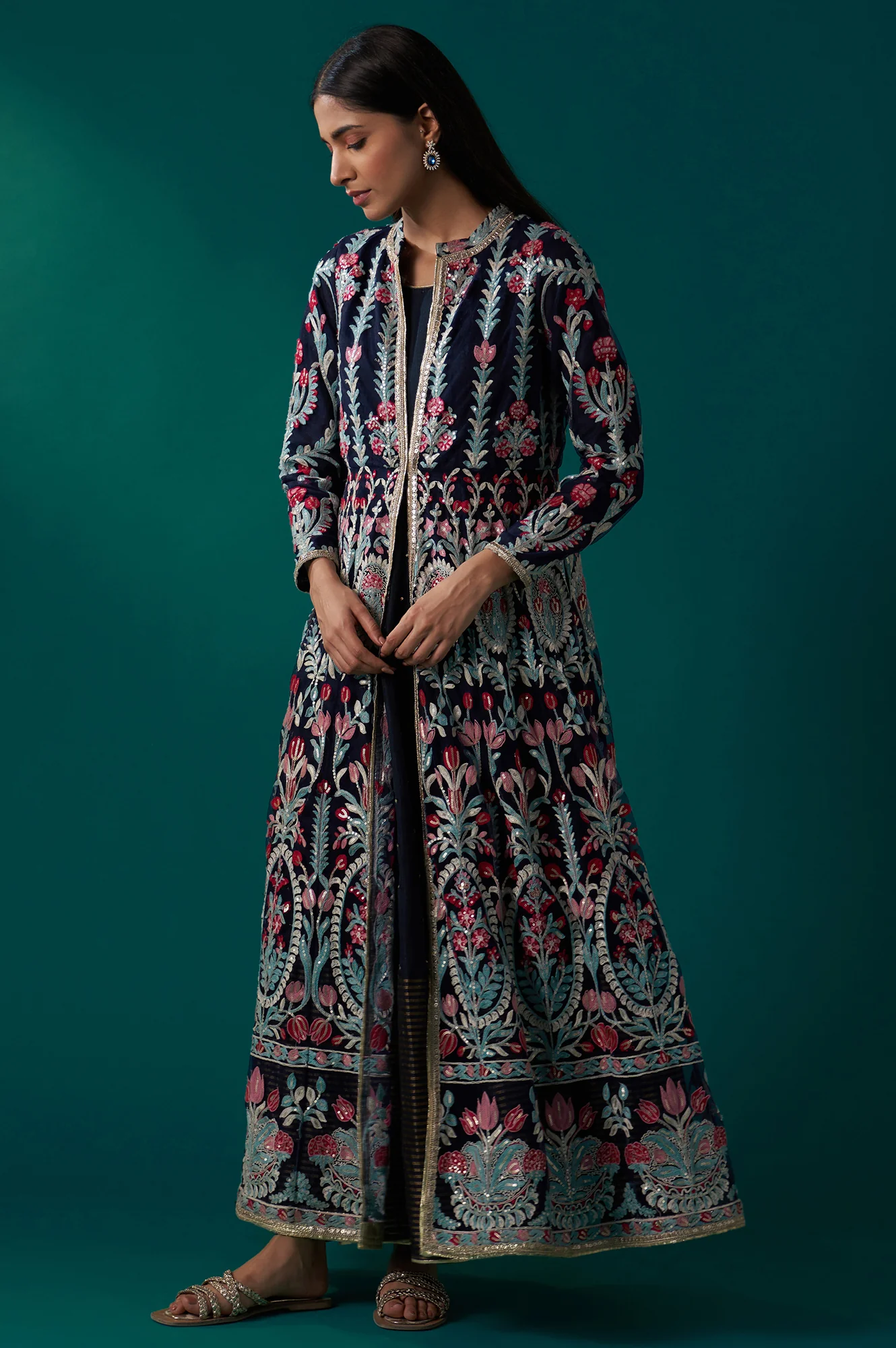 Navy Blue Aari Embroidery Panelled Jacket and Sleeveless Anarkali Dress Set - Image 5