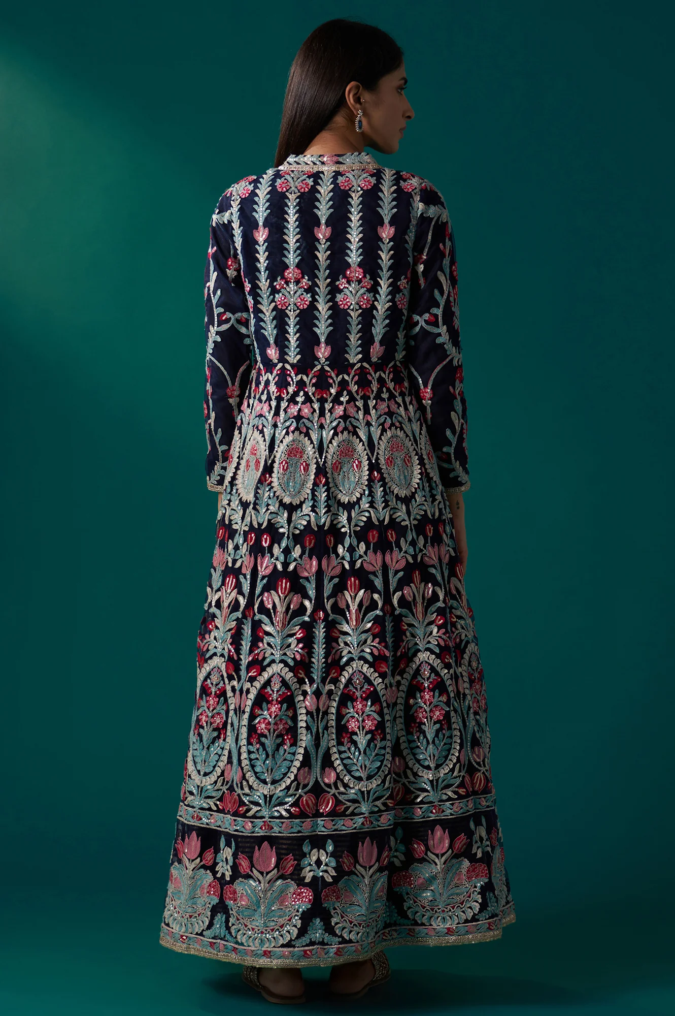 Navy Blue Aari Embroidery Panelled Jacket and Sleeveless Anarkali Dress Set - Image 6