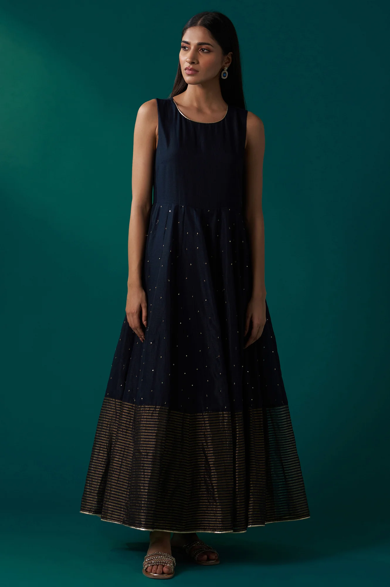 Navy Blue Aari Embroidery Panelled Jacket and Sleeveless Anarkali Dress Set - Image 8