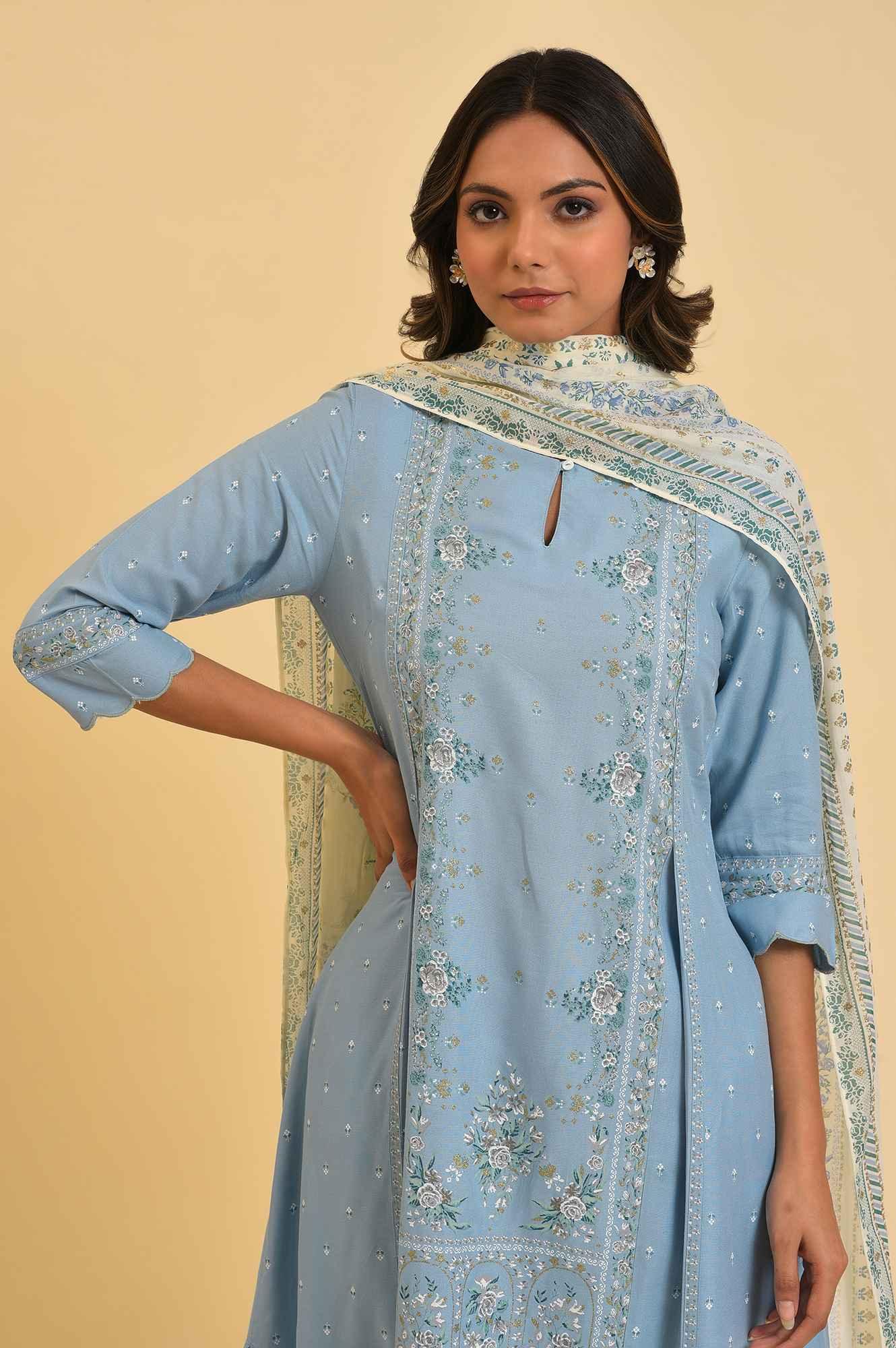 Blue Embellished kurta, Pants & Dupatta Set - Image 5