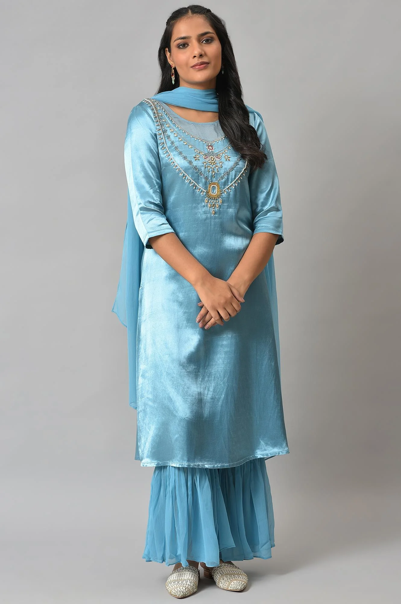 Blue Embellished Mashroo Silk kurta With Garara And Dupatta - Image 10