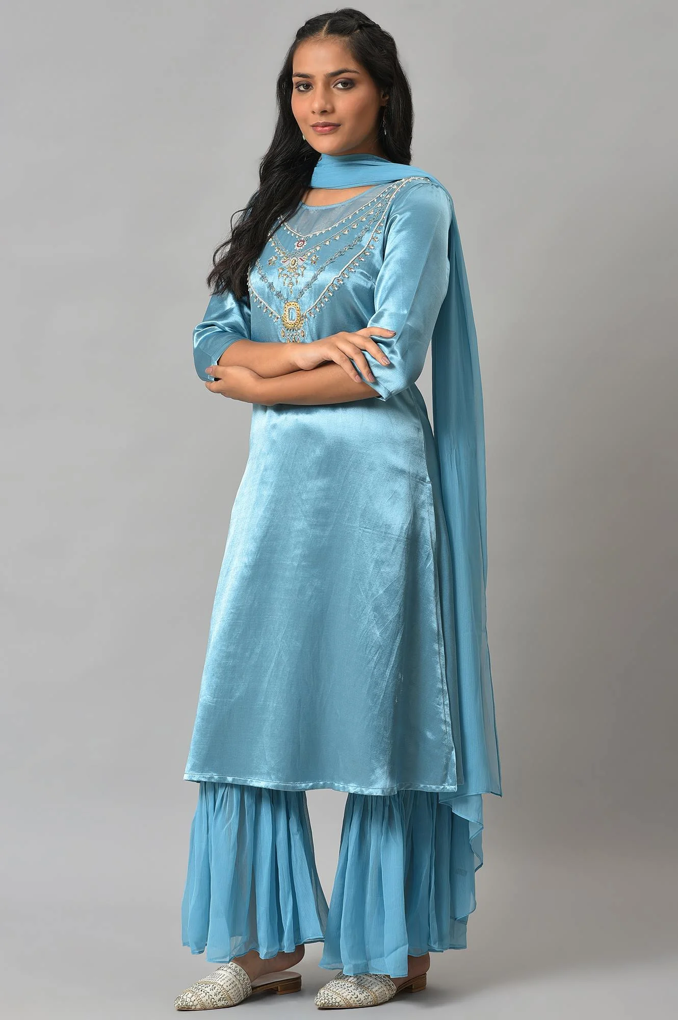 Blue Embellished Mashroo Silk kurta With Garara And Dupatta - Image 3
