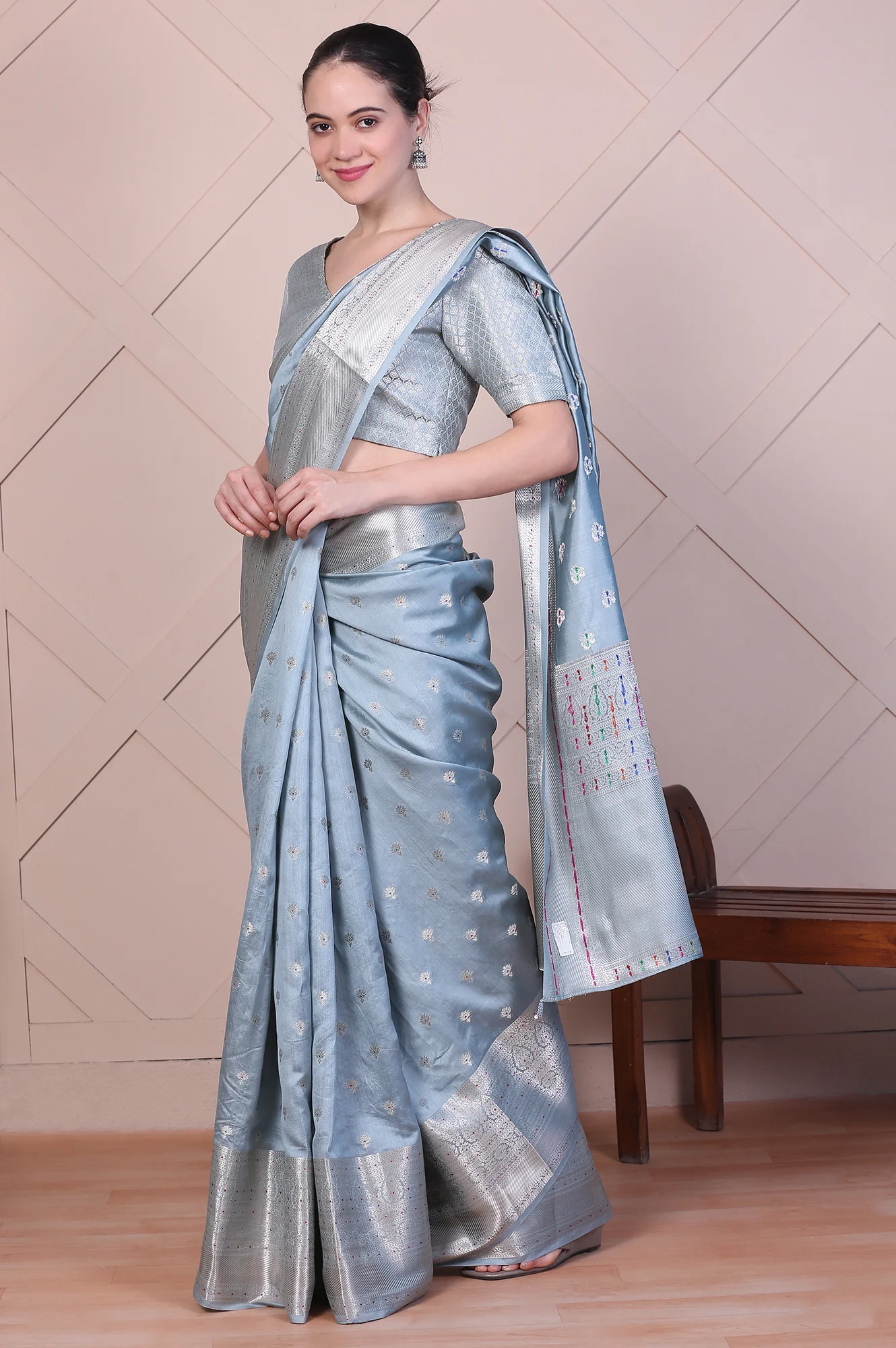 Blue Embellished Silk Jacquard Saree with Unstitched Blouse - Image 5