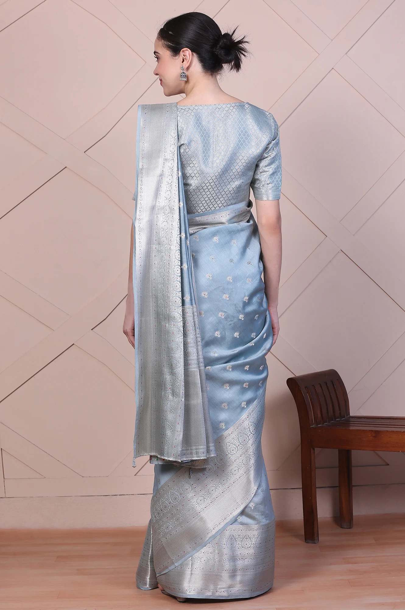 Blue Embellished Silk Jacquard Saree with Unstitched Blouse - Image 6