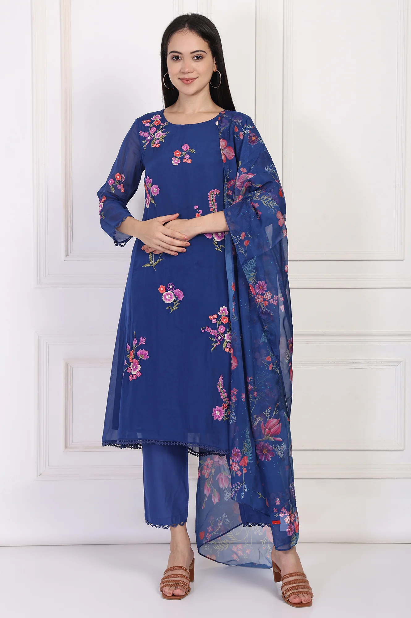 Blue Embroidered A-Line Organza Kurta with Straight Pant and Dupatta Set - Image 2