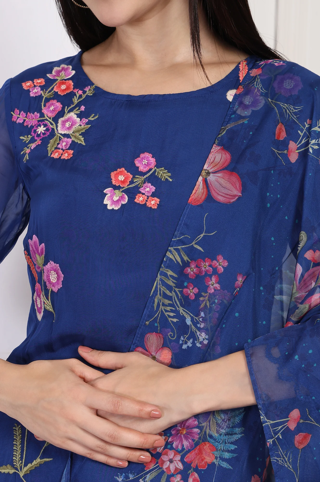 Blue Embroidered A-Line Organza Kurta with Straight Pant and Dupatta Set - Image 3