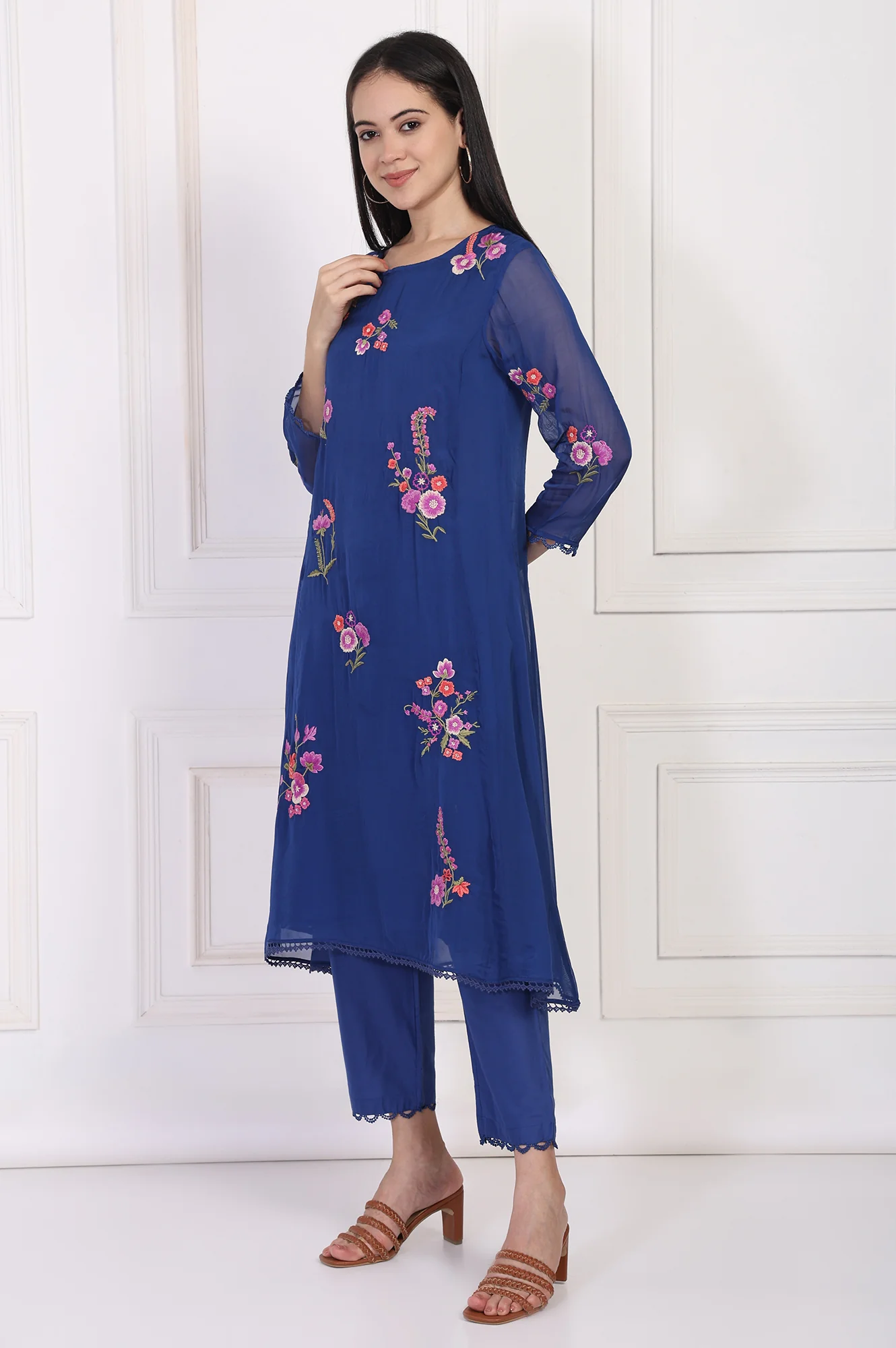 Blue Embroidered A-Line Organza Kurta with Straight Pant and Dupatta Set - Image 4