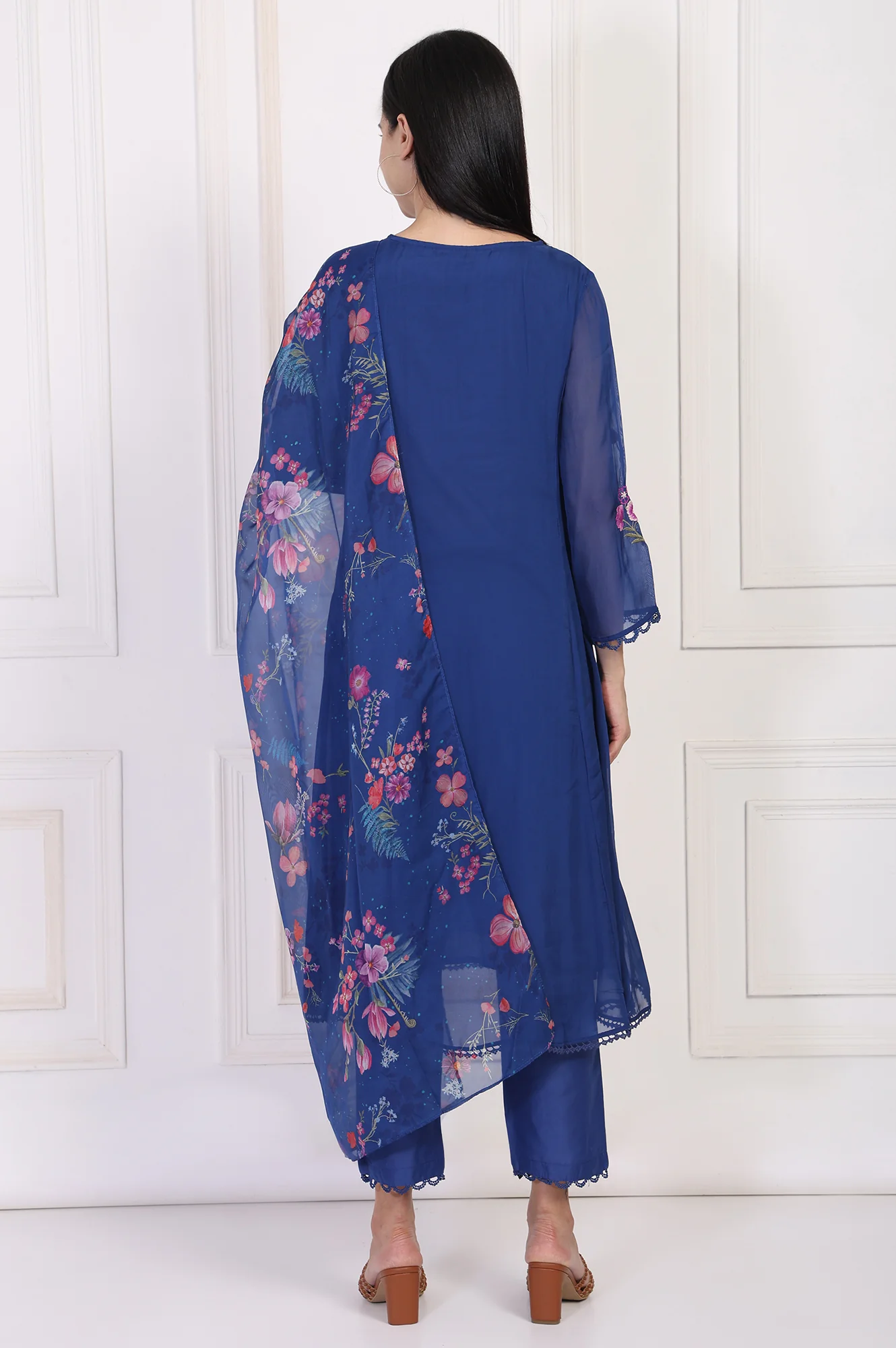 Blue Embroidered A-Line Organza Kurta with Straight Pant and Dupatta Set - Image 5