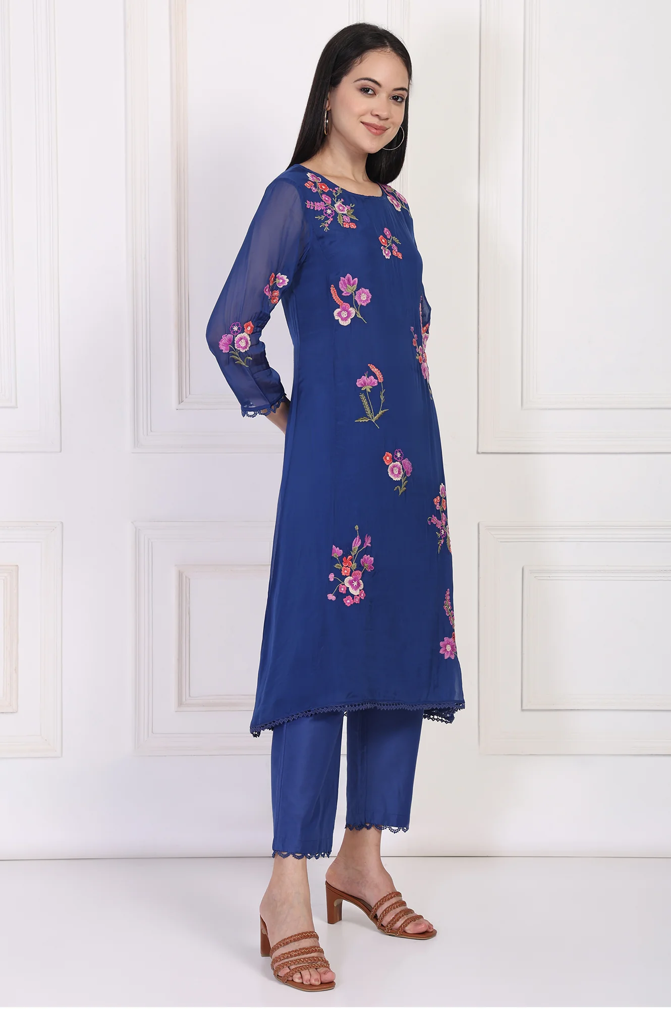 Blue Embroidered A-Line Organza Kurta with Straight Pant and Dupatta Set - Image 6