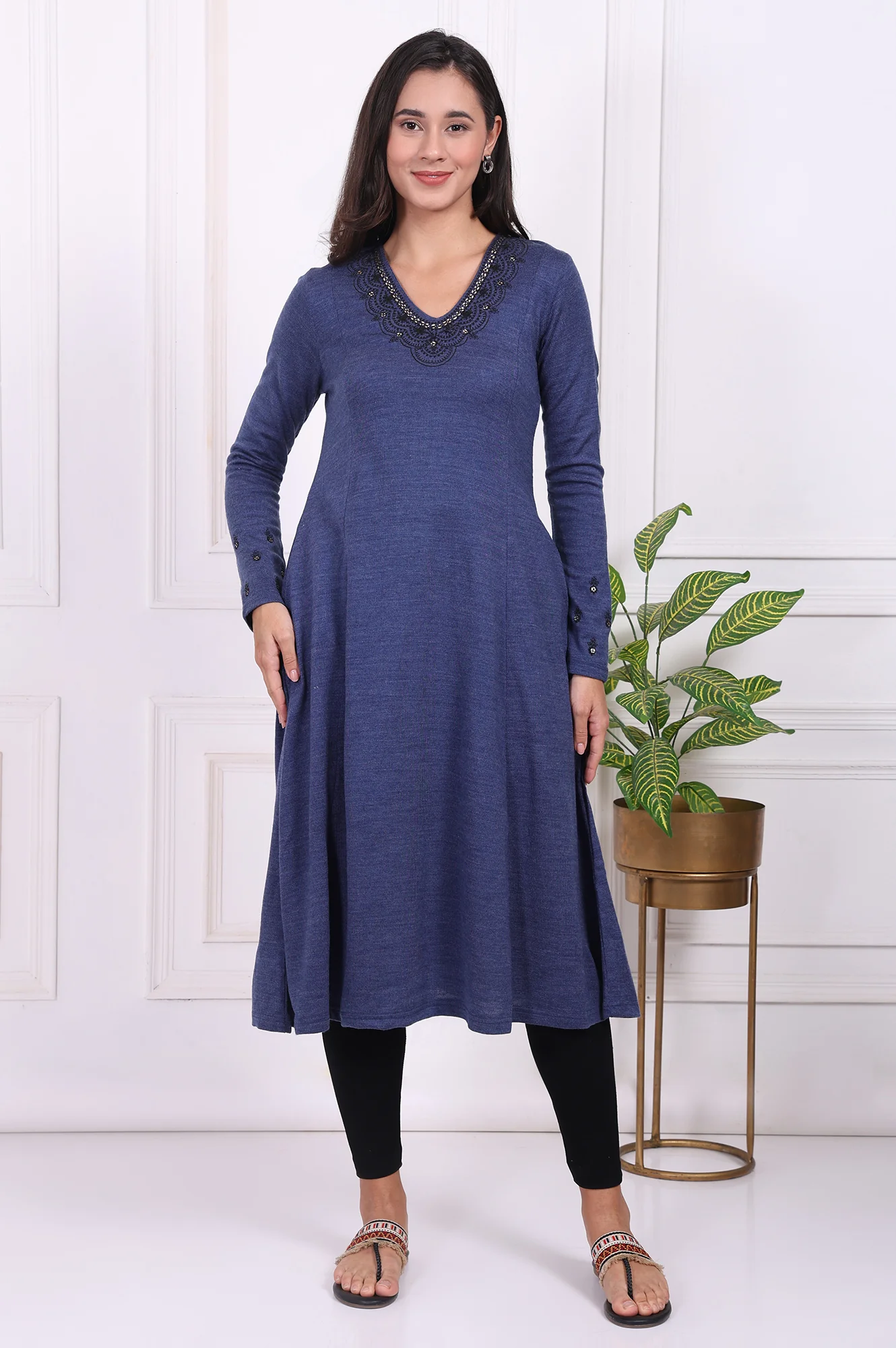 Blue Embroidered Acrylic Flared Kurta - Image 2