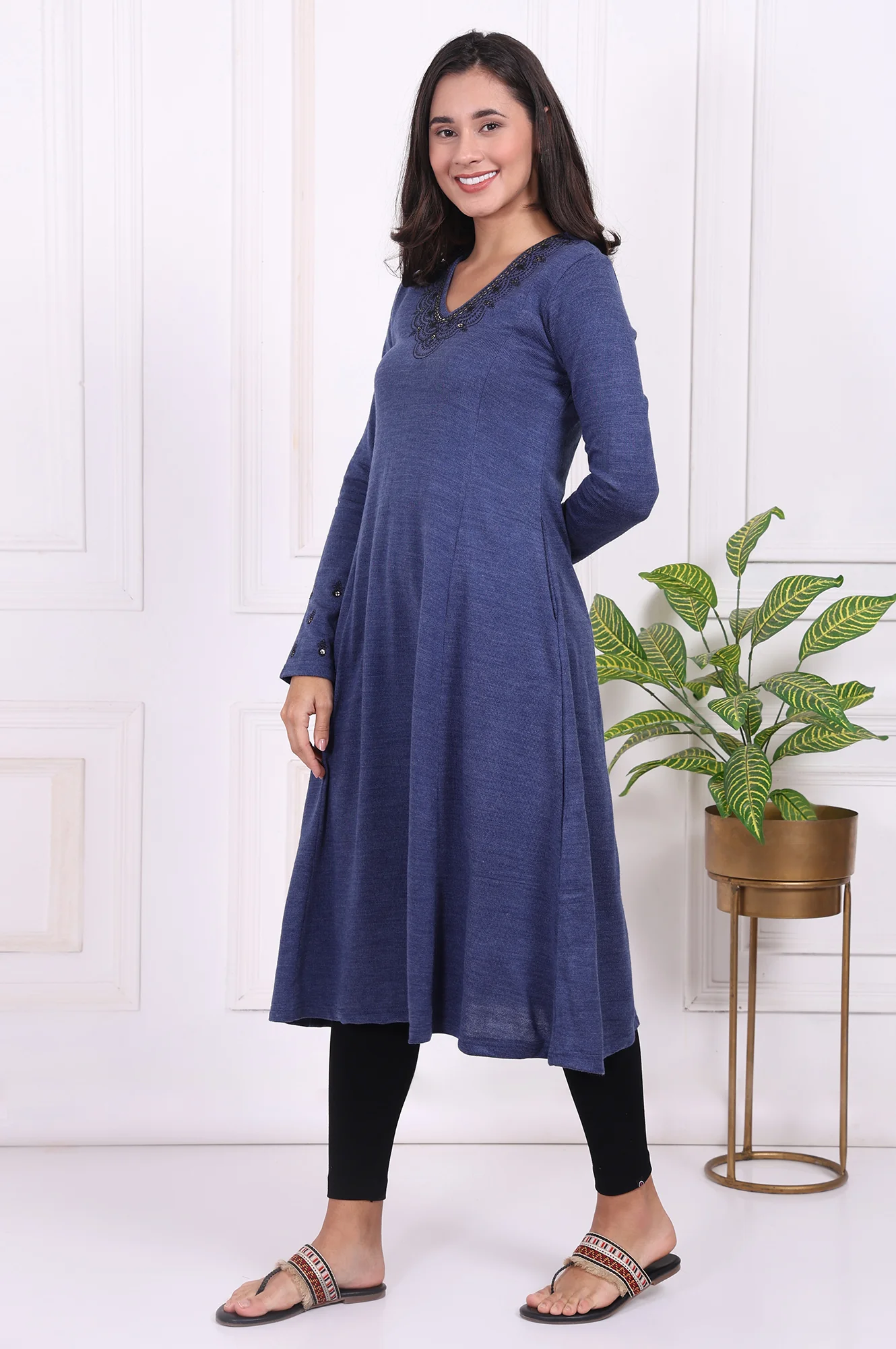 Blue Embroidered Acrylic Flared Kurta - Image 4