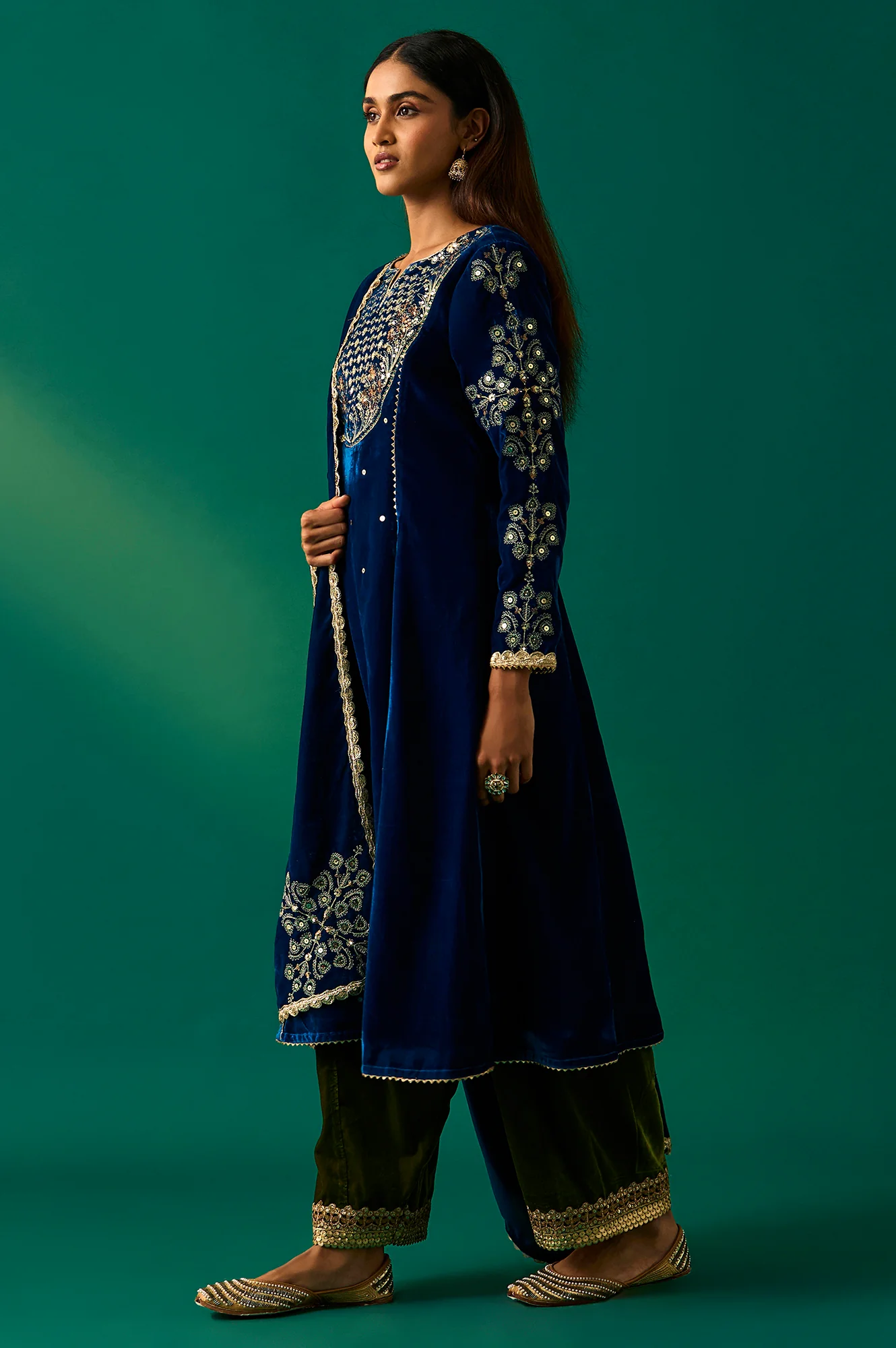 Blue Embroidered Anarkali Velvet Kurta with Salwar and Dupatta Set - Image 2