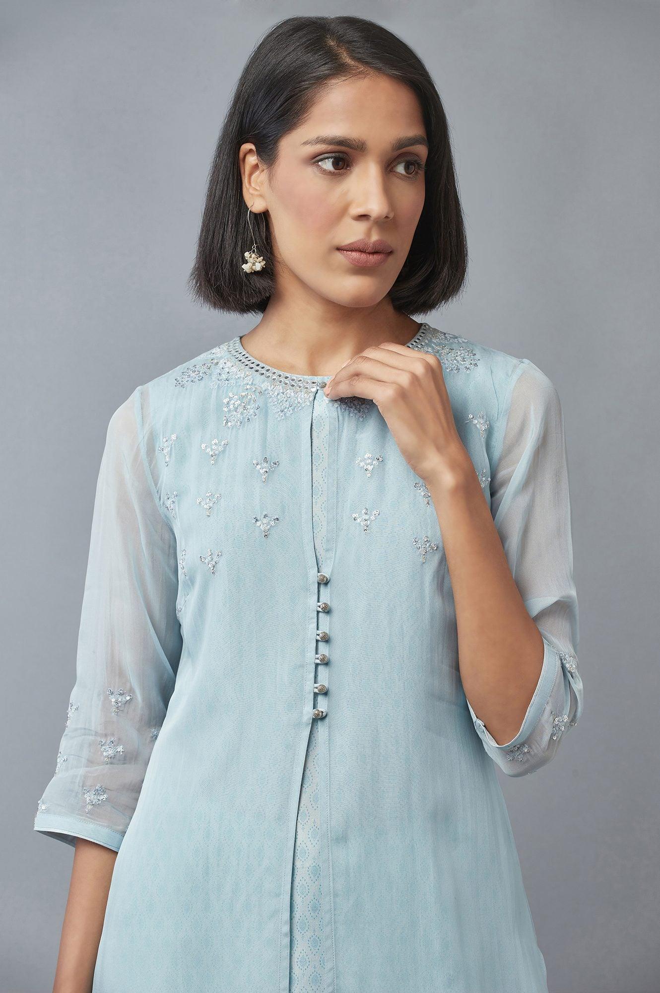 Blue Embroidered Gillet with Textured kurta - Image 6