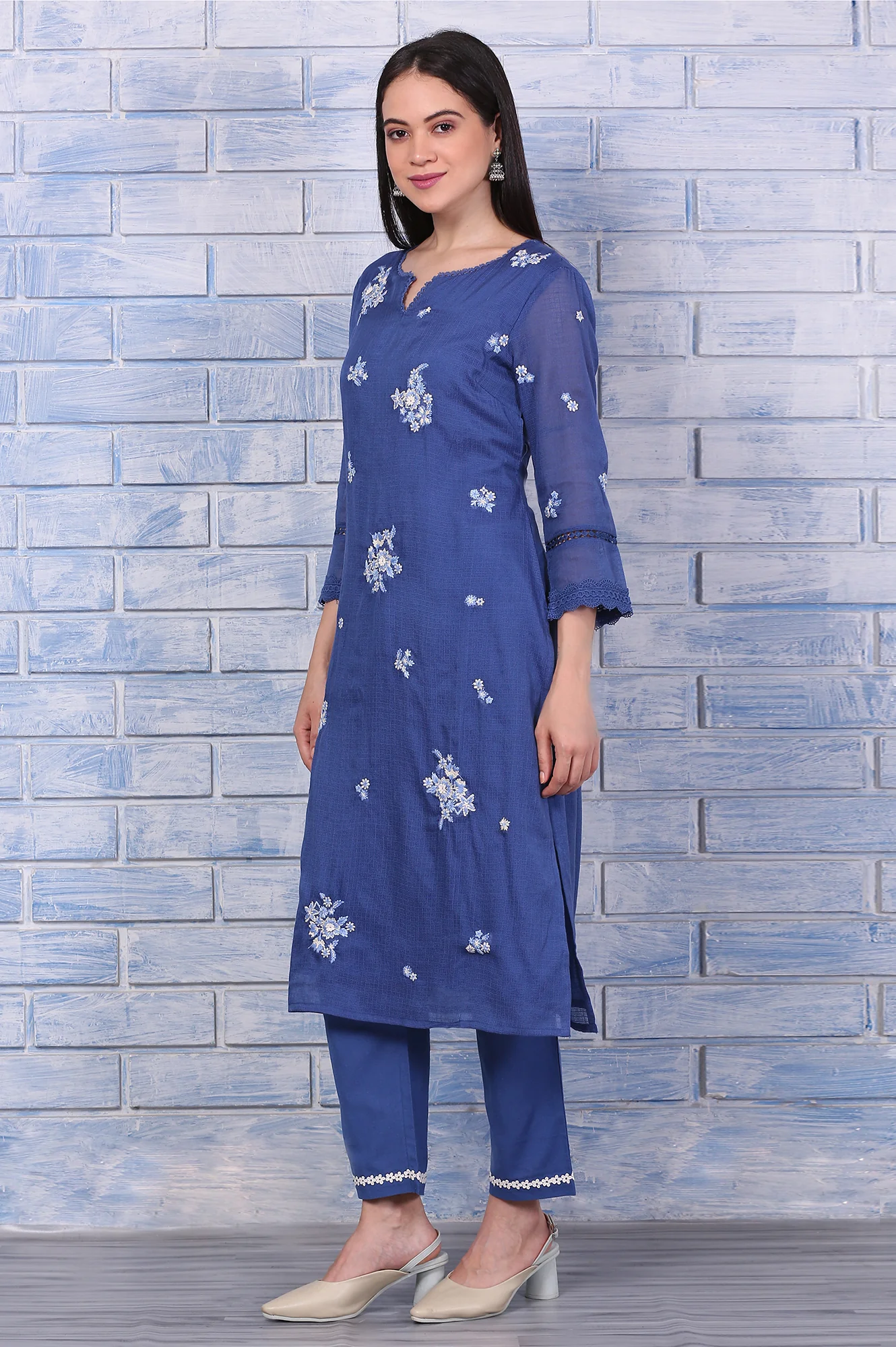 Blue Embroidered Kota Straight Kurta, Pants and Dupatta Set - Image 4