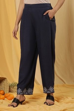 Blue Embroidered Parallel Pants - Image 2
