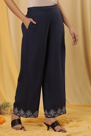 Blue Embroidered Parallel Pants - Image 4
