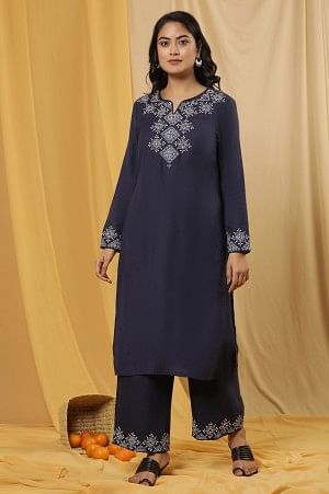 Blue Embroidered Parallel Pants - Image 5