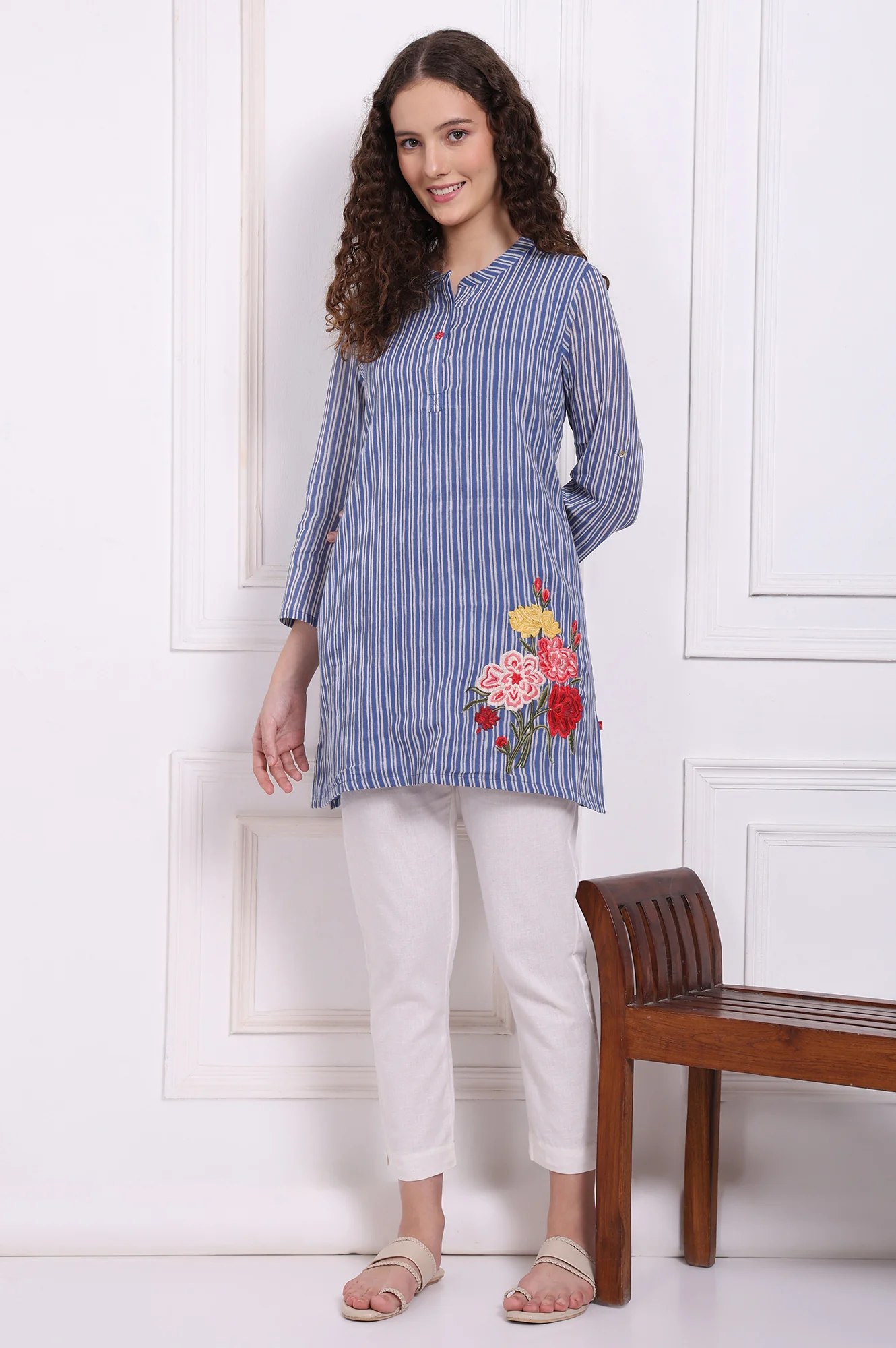Blue Embroidered Printed Thread Embroidered Pure Cotton Tops - Image 2