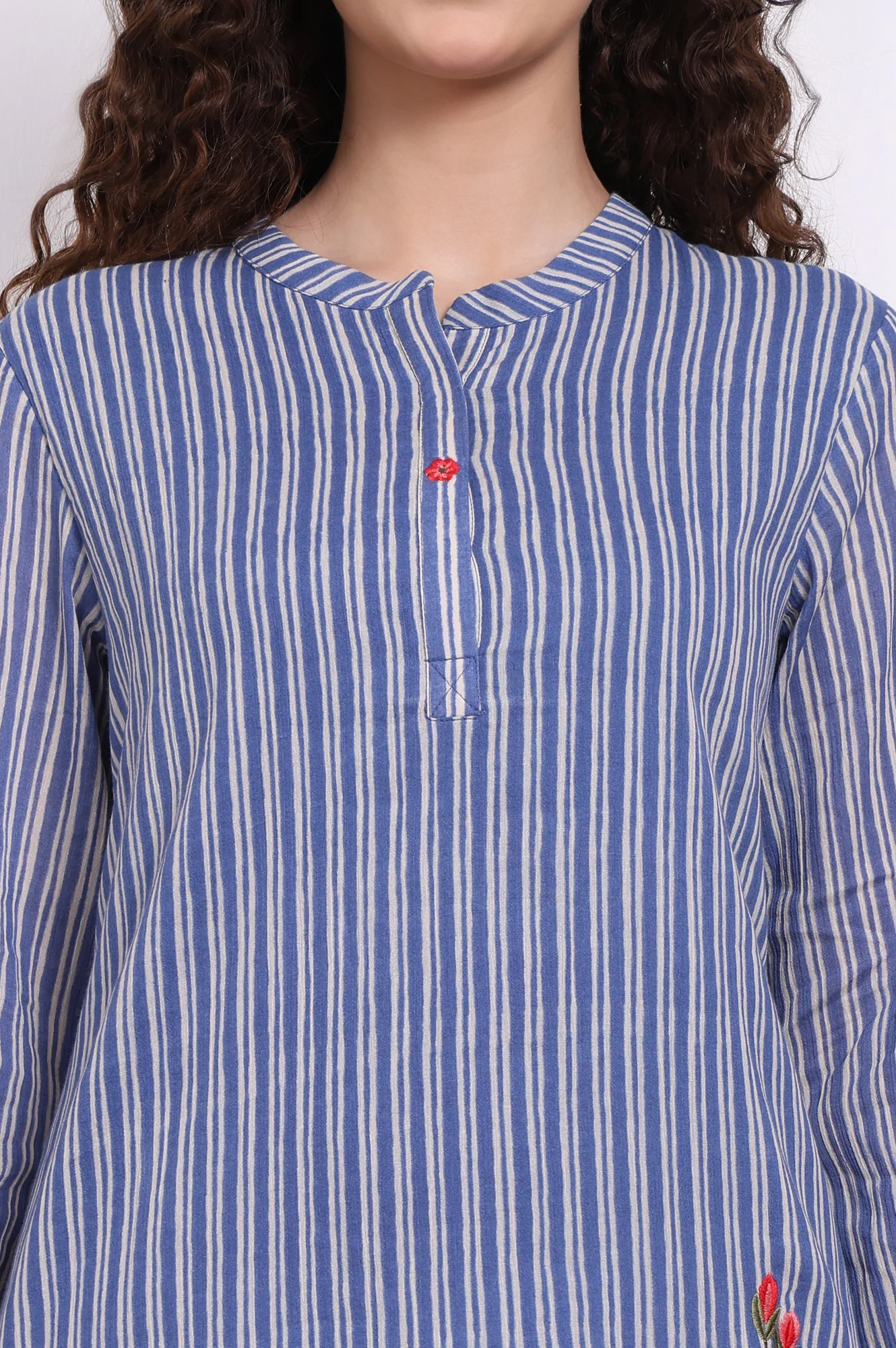 Blue Embroidered Printed Thread Embroidered Pure Cotton Tops - Image 3