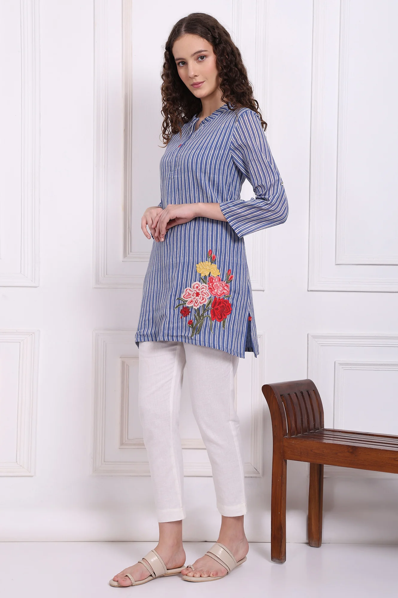 Blue Embroidered Printed Thread Embroidered Pure Cotton Tops - Image 4
