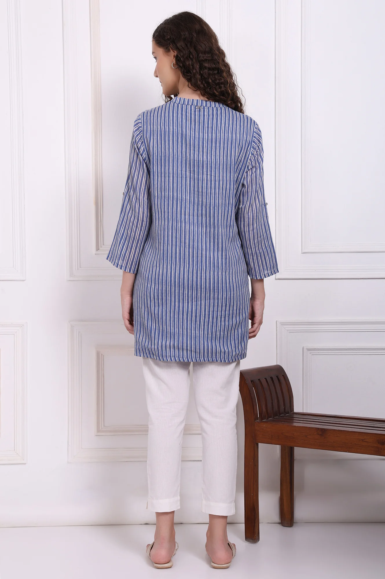 Blue Embroidered Printed Thread Embroidered Pure Cotton Tops - Image 5
