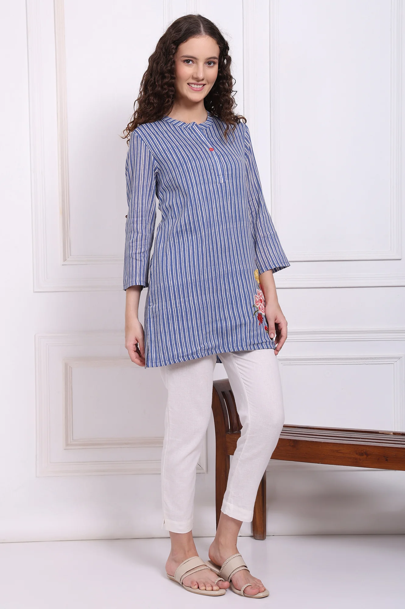 Blue Embroidered Printed Thread Embroidered Pure Cotton Tops - Image 6