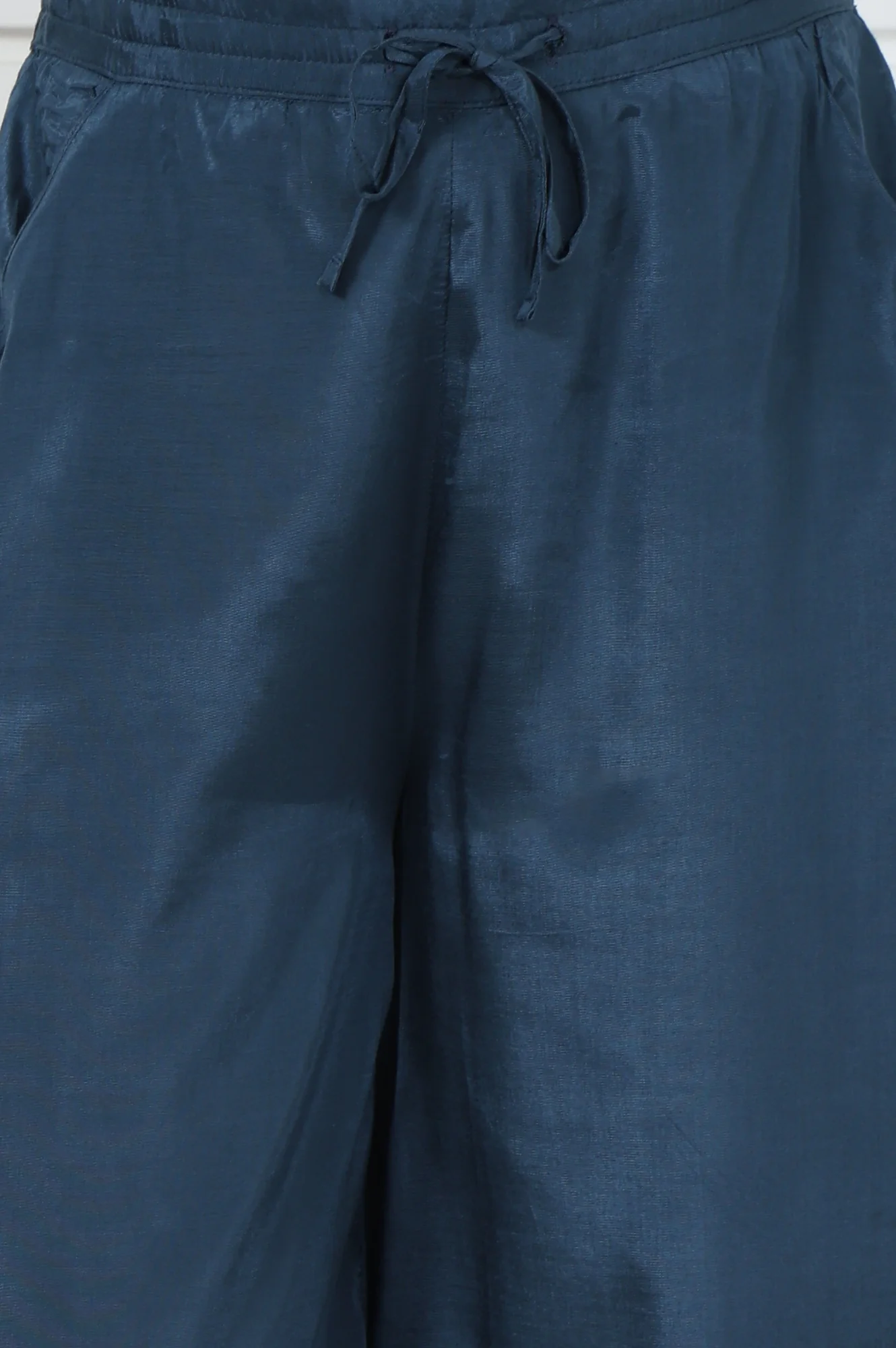 Blue Embroidered Printed Thread Embroidered Shantung Mid Rise Ankle Length Parallel Pant - Image 6