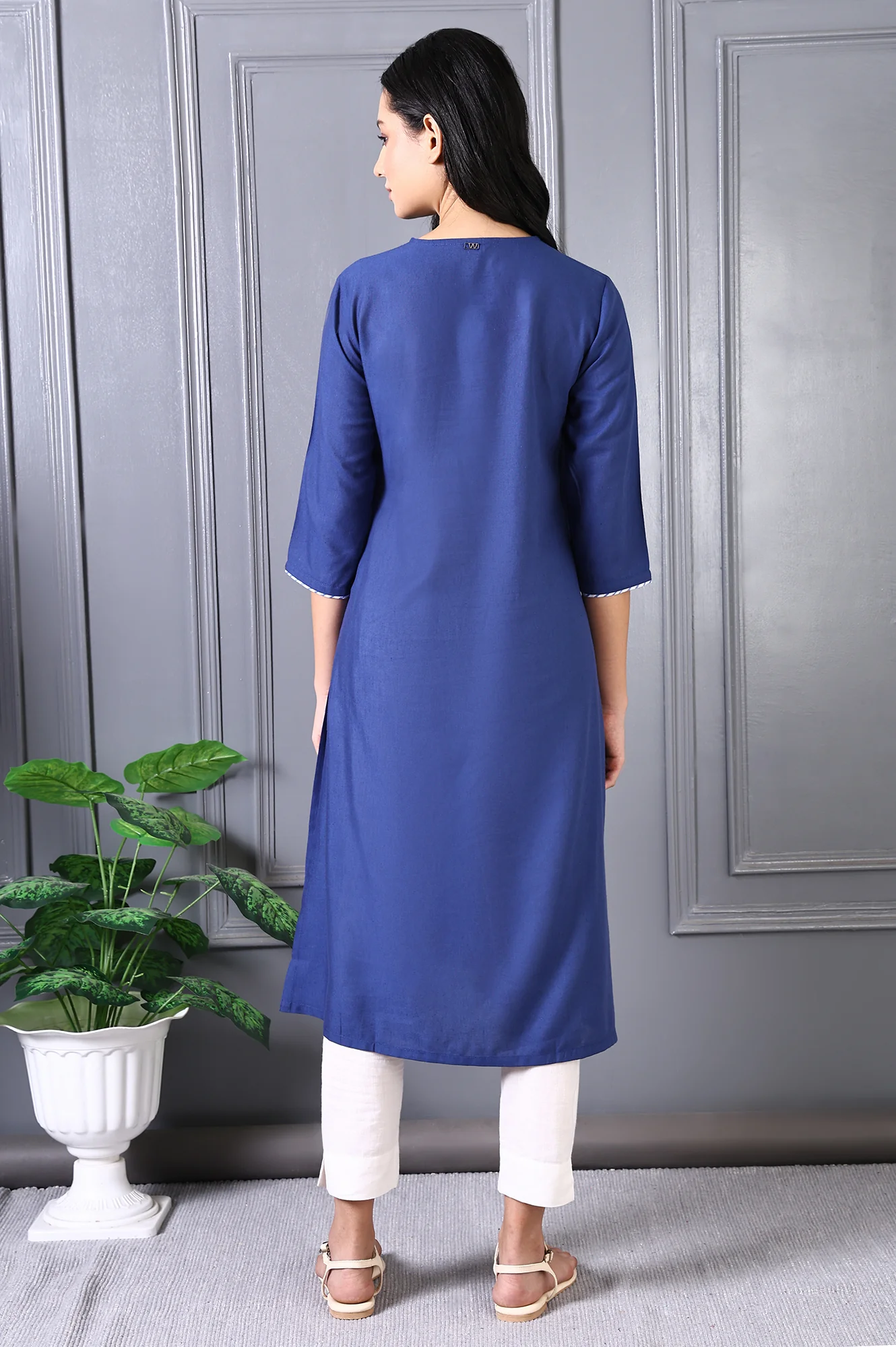 Blue Embroidered Printed Thread Embroidery Rayon Flax A-line Kurta - Image 5