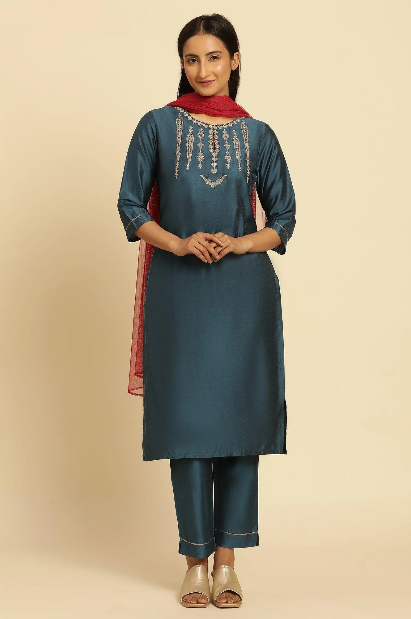 Blue Embroidered Shantung Kurta, Pants And Dupatta Set - Image 3
