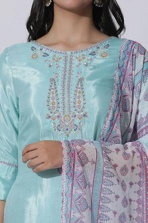 Blue Embroidered Shantung Kurta, Printed Culottes And Dupatta Set - Image 6