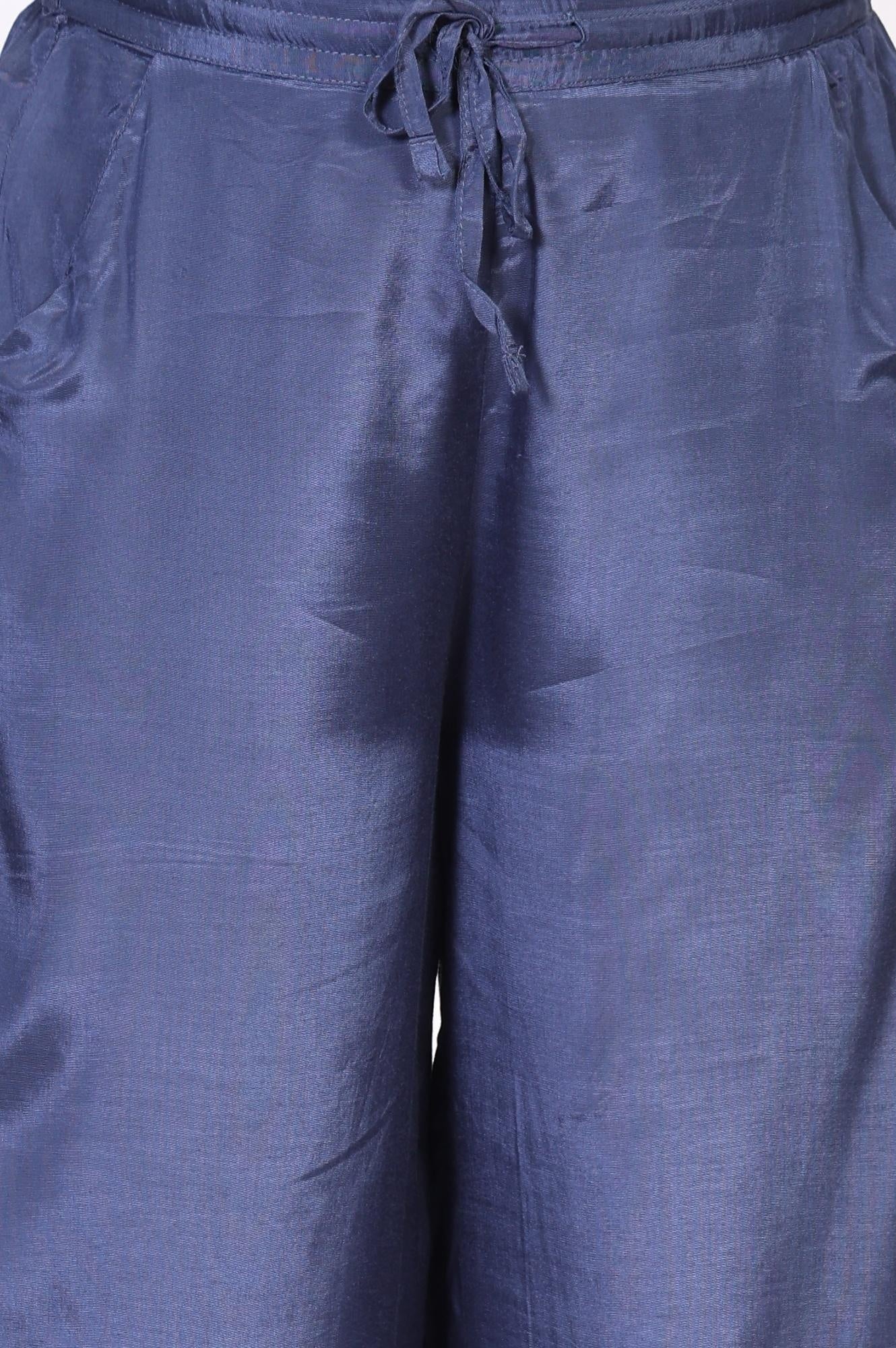 Blue Embroidered Wide-Leg Shantung Parallel Pants - Image 5