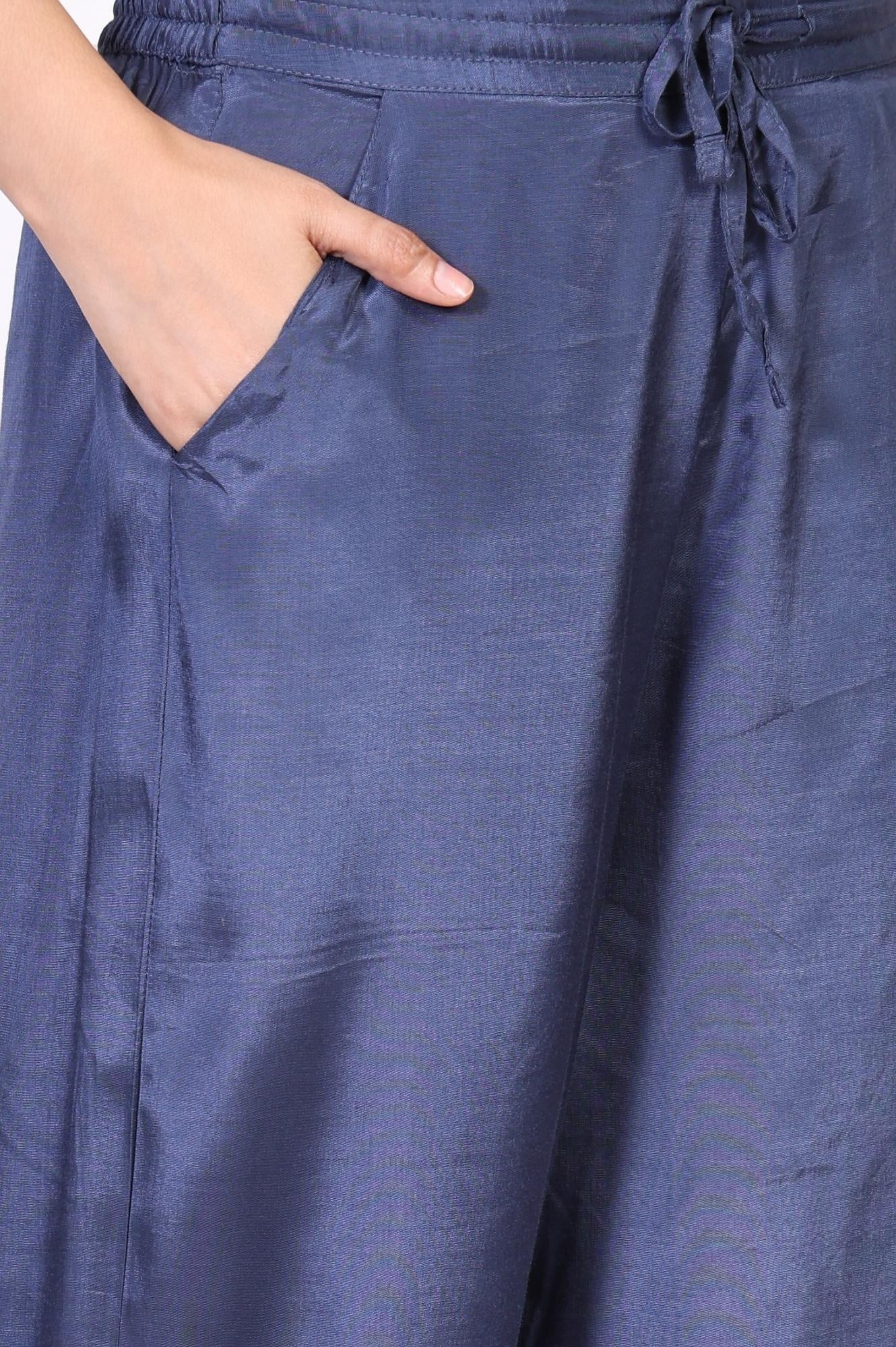 Blue Embroidered Wide-Leg Shantung Parallel Pants - Image 6