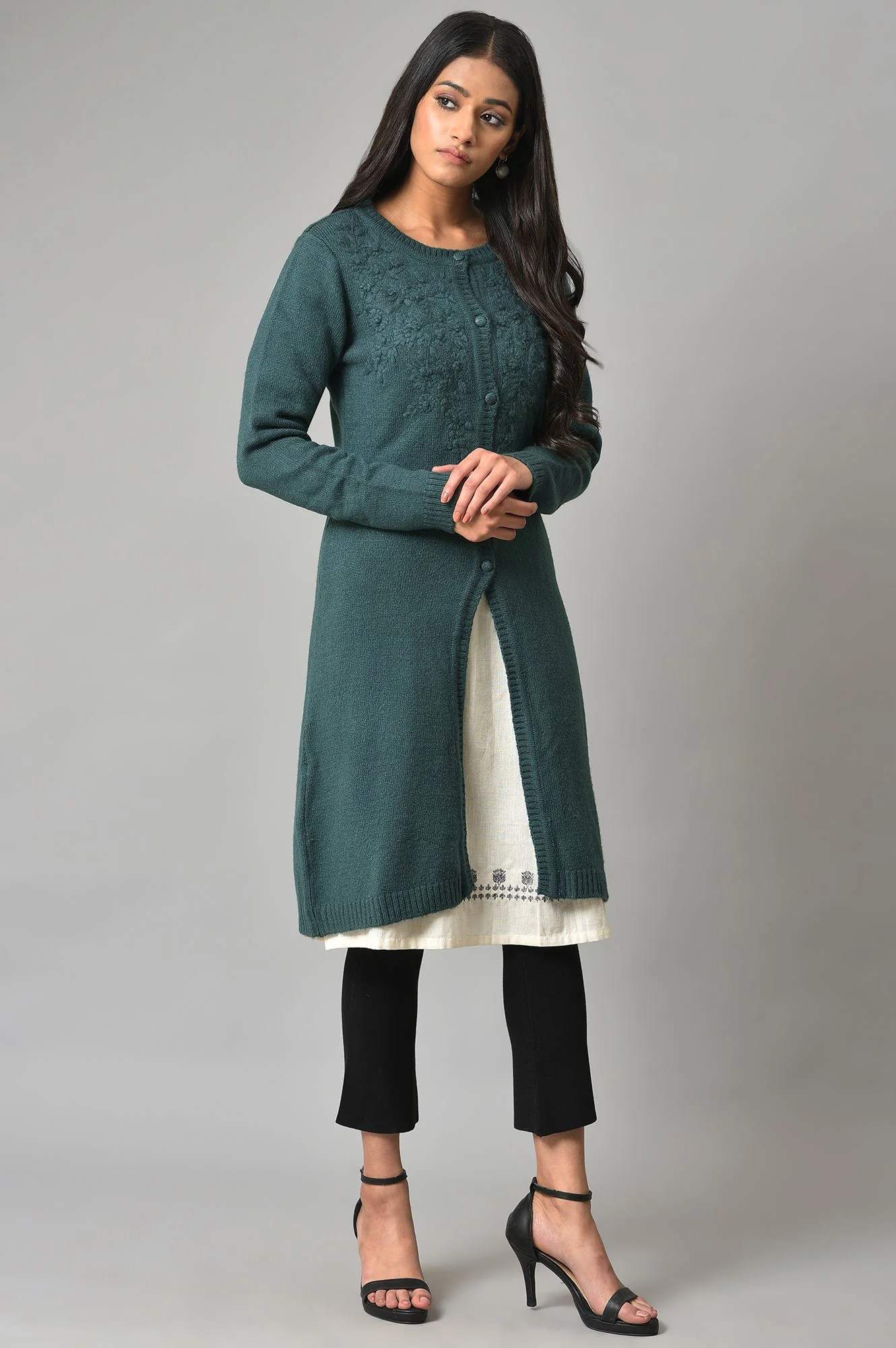 Blue Embroidered Women Cardigan - Image 4