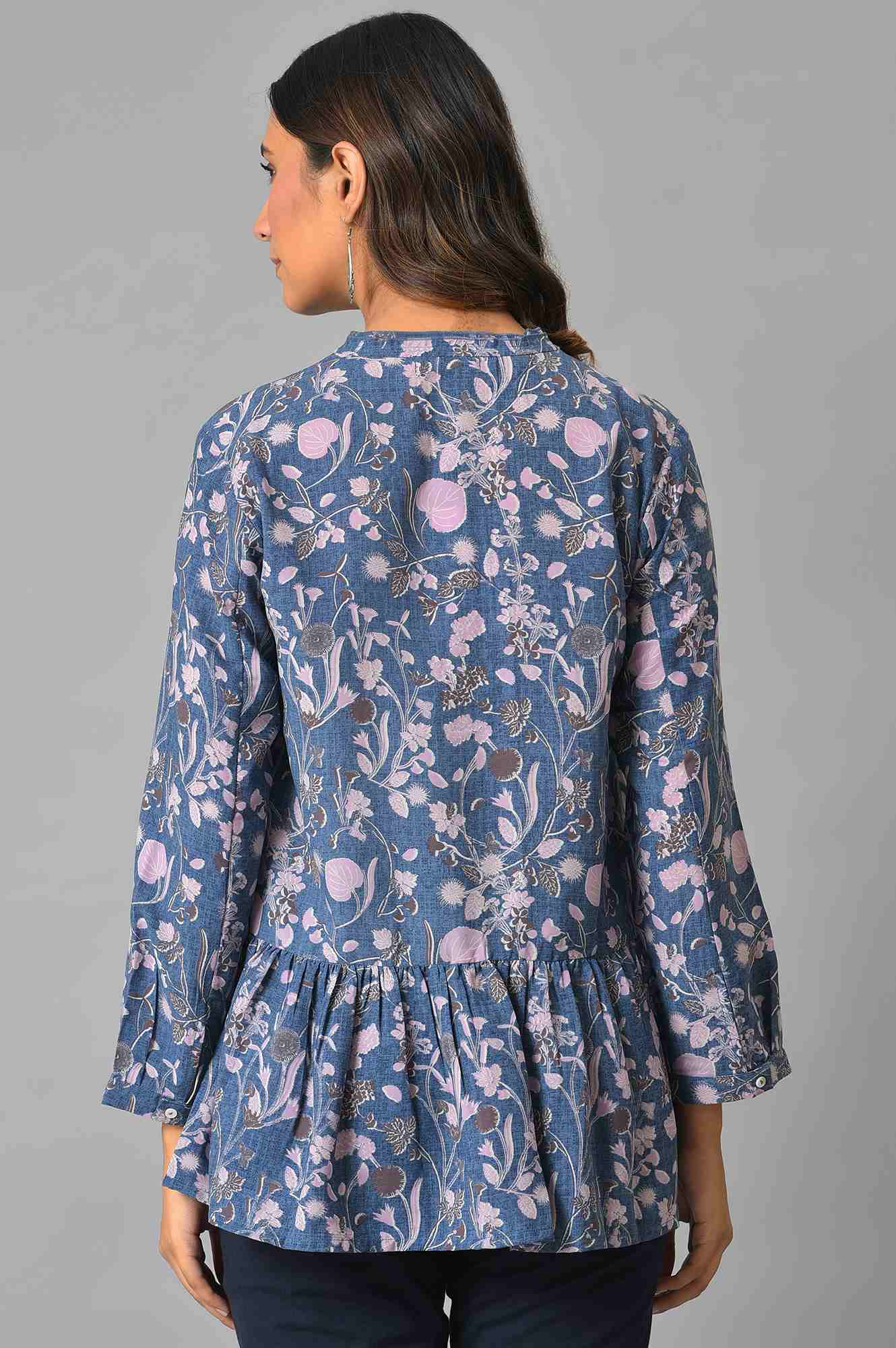 Blue Floral Print Cotton Top In Mandarin Collar - Image 2