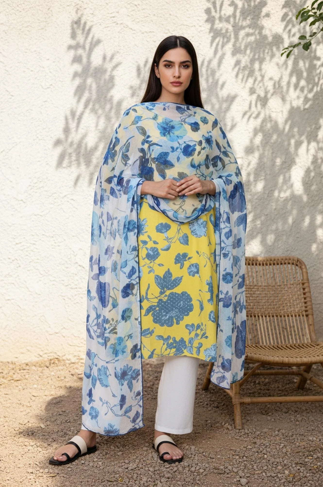 Blue Floral Printed Chiffon Dupatta with Lace - Image 2