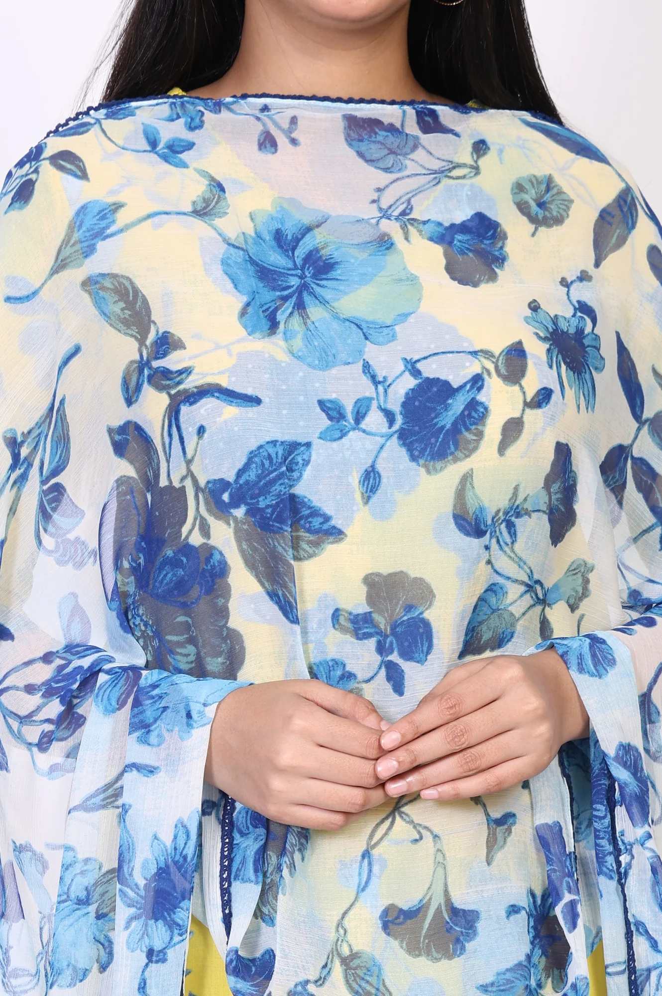 Blue Floral Printed Chiffon Dupatta with Lace - Image 3
