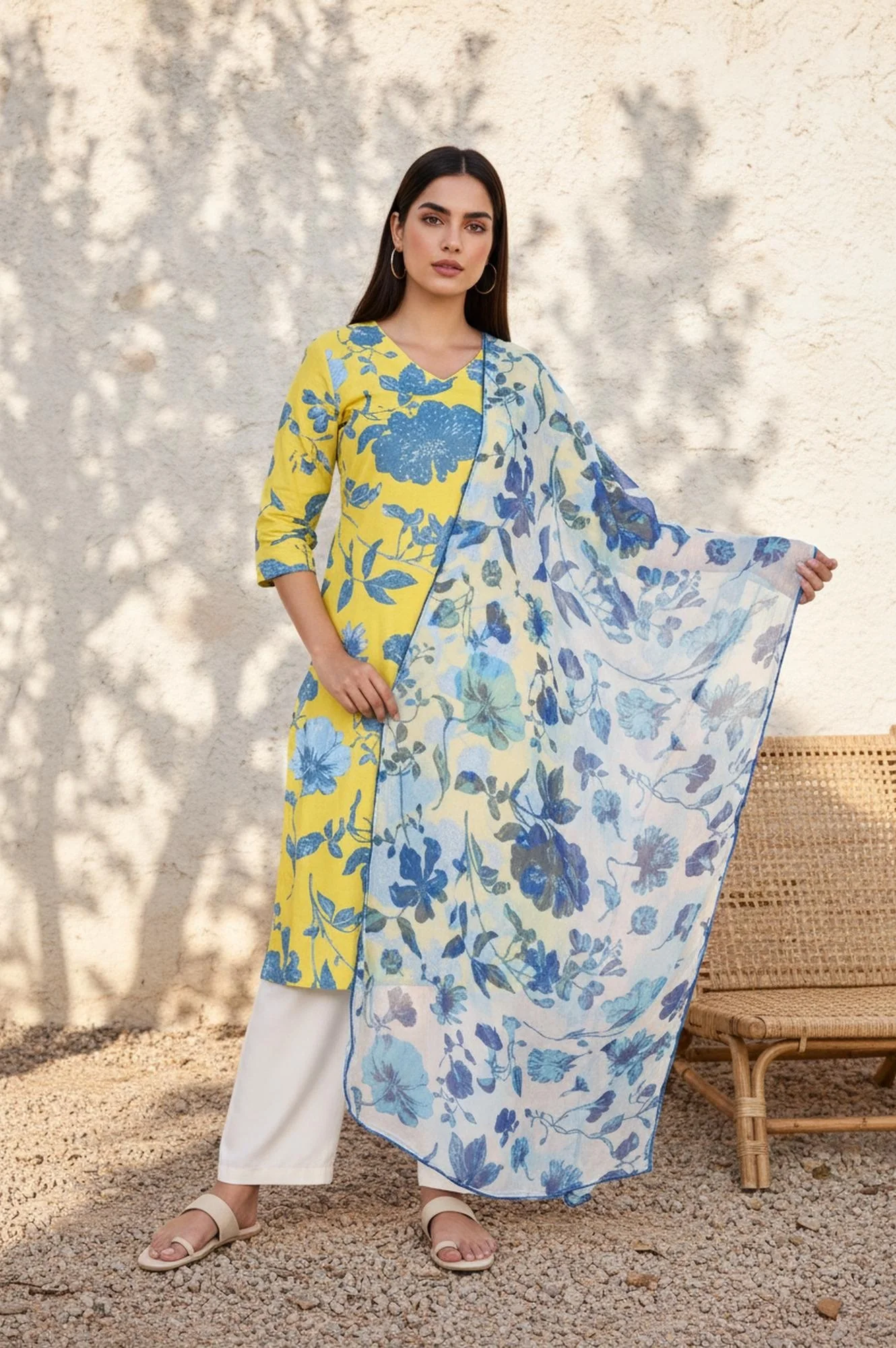 Blue Floral Printed Chiffon Dupatta with Lace - Image 4