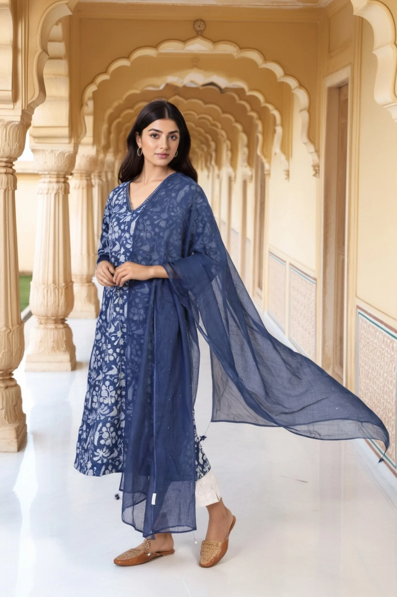 Blue Floral Print Mukaish Work Cotton Dupatta - Image 2