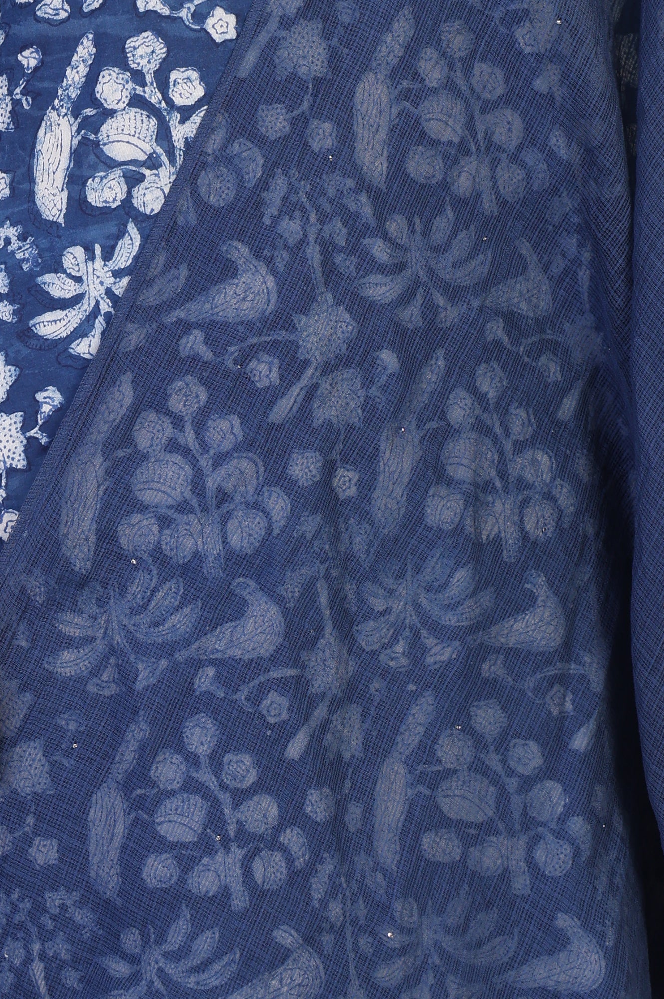 Blue Floral Print Mukaish Work Cotton Dupatta - Image 3