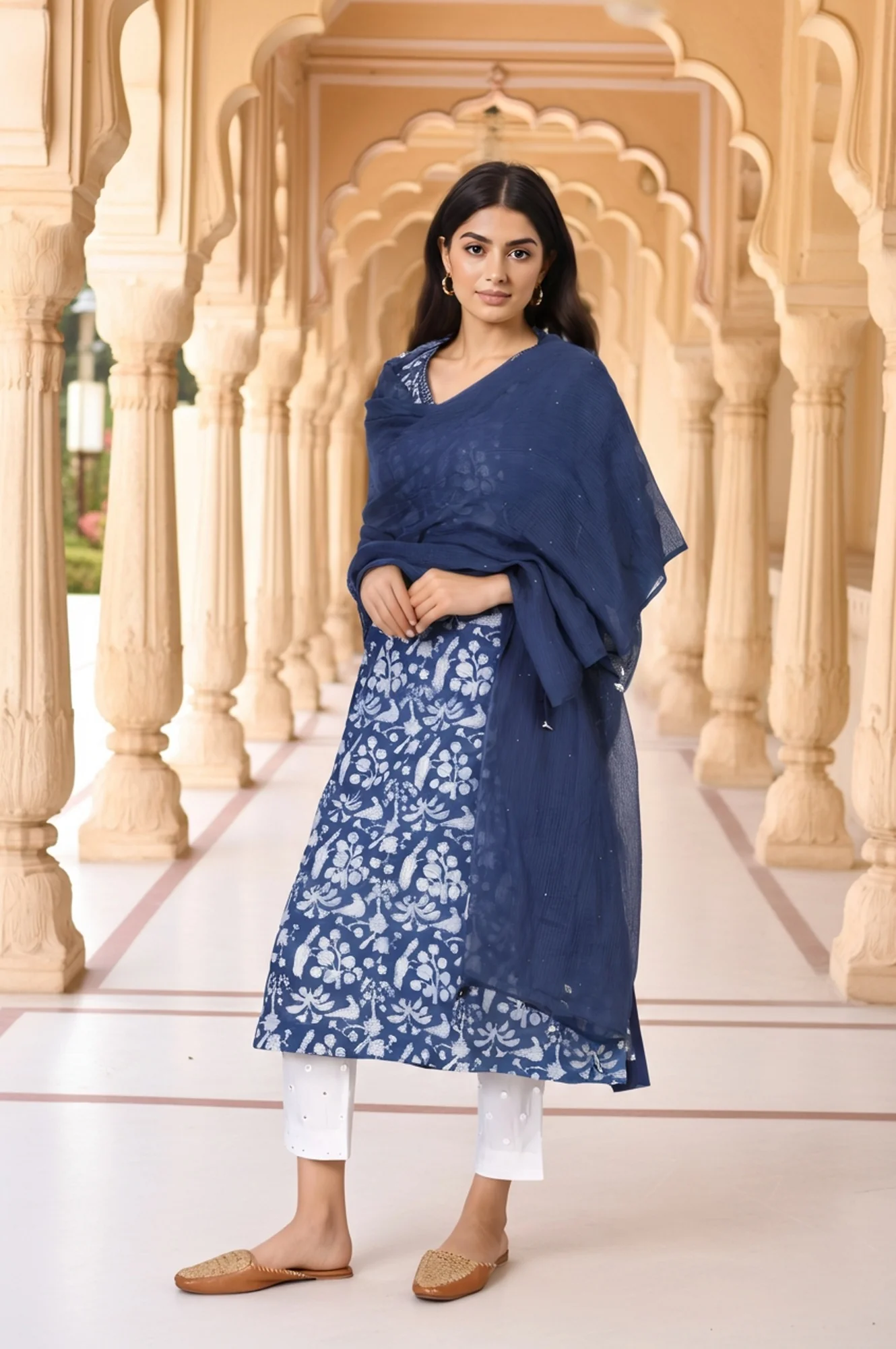 Blue Floral Print Mukaish Work Cotton Dupatta - Image 4