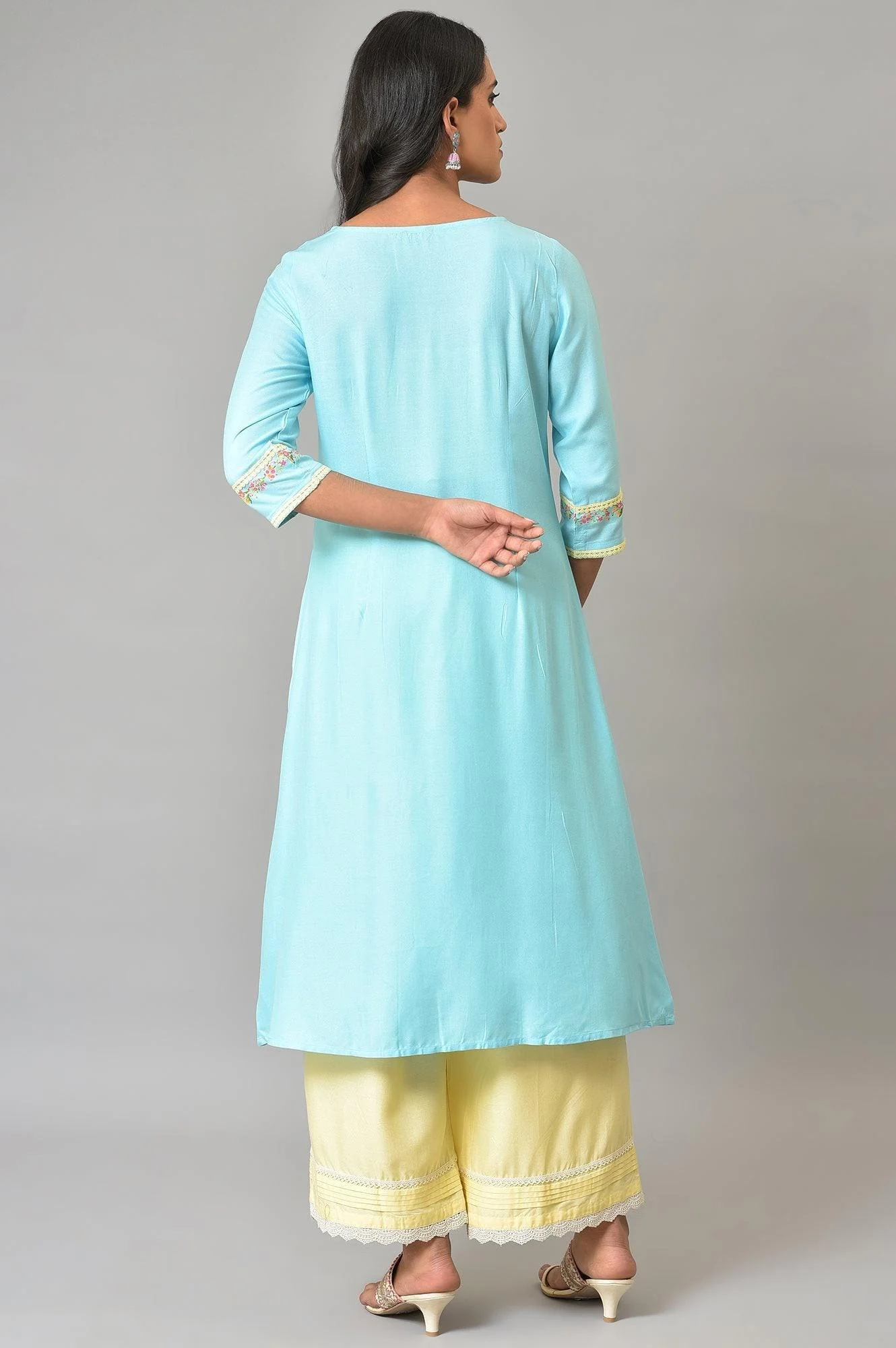 Blue Floral Printed A-Line Front Pleated kurta - Image 2