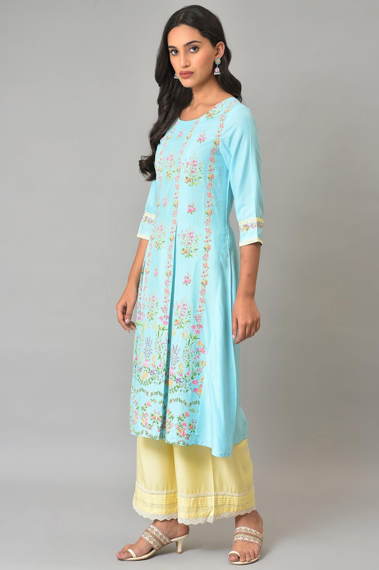 Blue Floral Printed A-Line Front Pleated kurta - Image 3